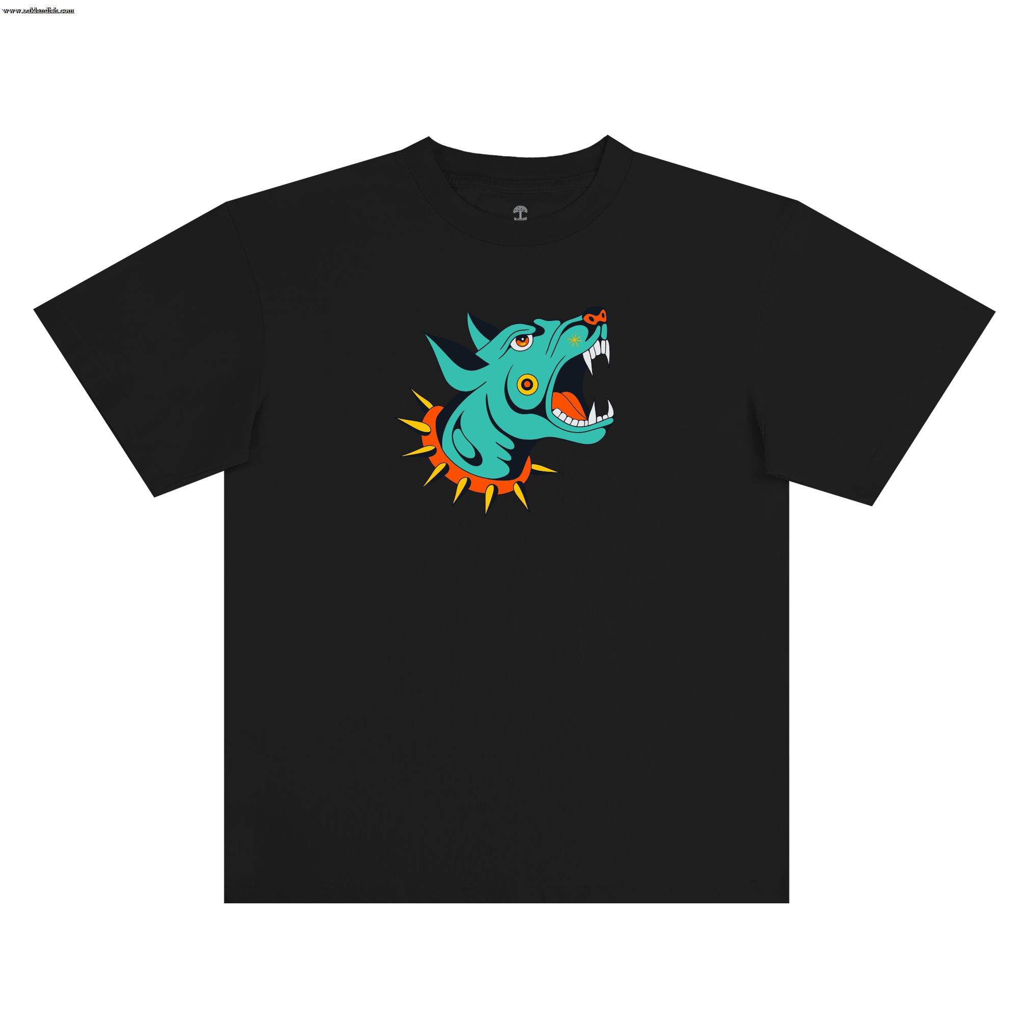 The Oaklandish Dawg Tee is a black classic fit t-shirt with a bold, teal tattoo-style wolf head on the chest. The snarling wolf has sharp white teeth, an orange tongue, and an orange spiked collar.