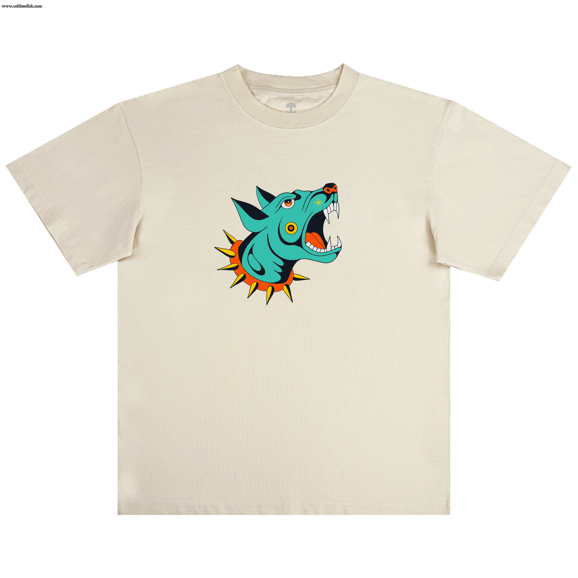 The Oaklandish Dawg Tee is a beige classic fit 100% cotton shirt with a bold tattoo-style graphic of a blue wolf's head, orange-yellow spiked collar, and fierce expression.