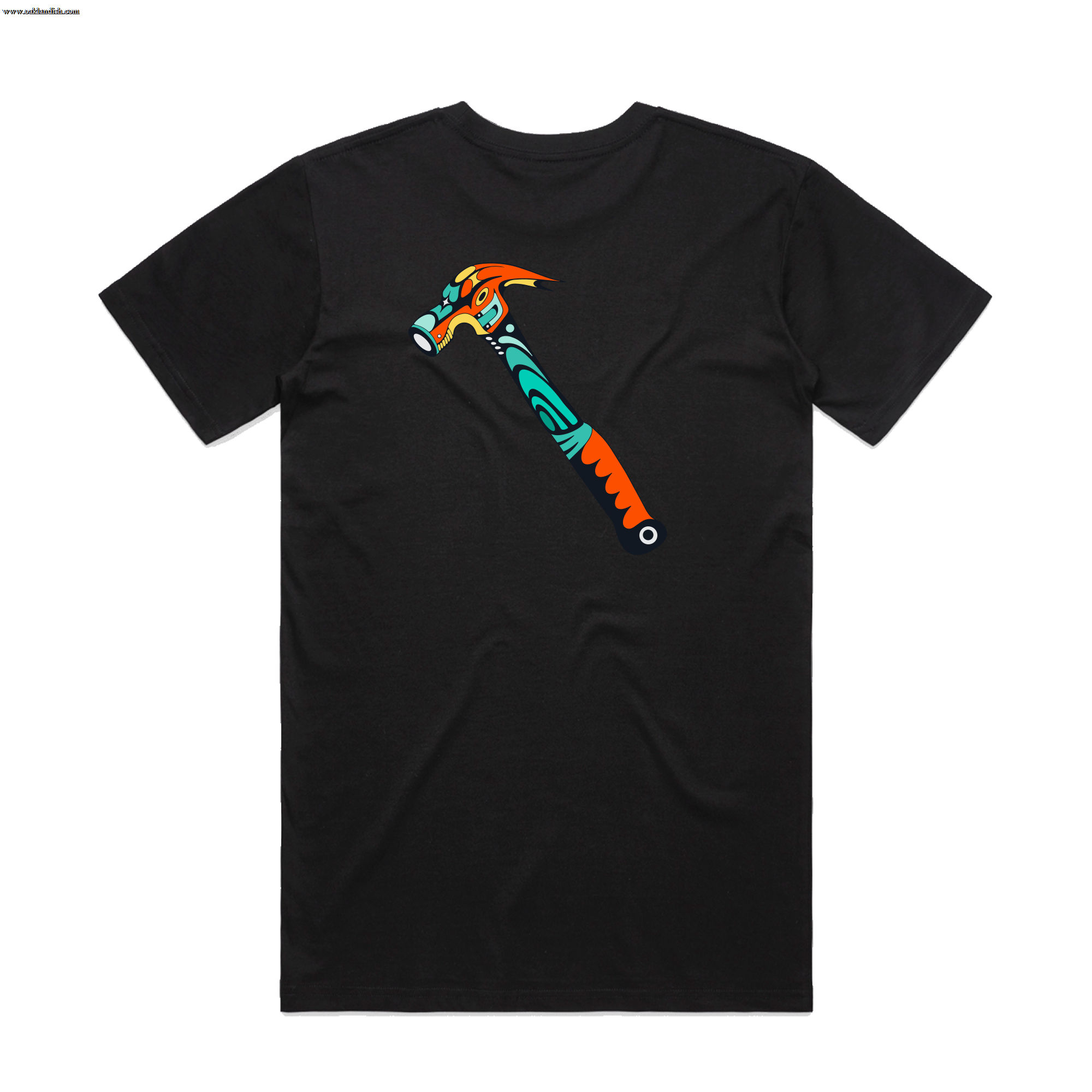 The Hammer into Time Tee by Oaklandish features a bold orange and turquoise hammer graphic on black, blending artistic flair with classic cotton comfort in a stylish, eye-catching design.