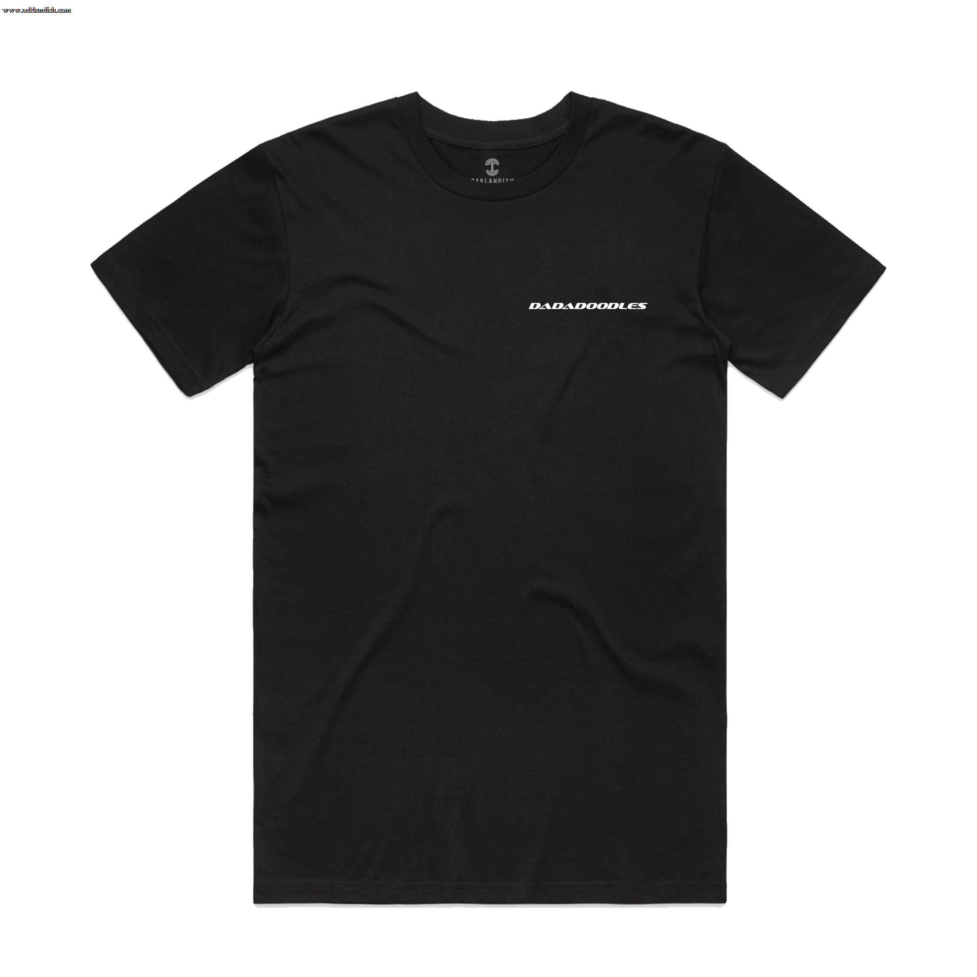 The Hammer into Time Tee by Oaklandish is a classic black cotton t-shirt with a crew neckline. It features "DJ 4 DA DOODLES" in small white all-caps text on the left chest and lies flat on a white background.