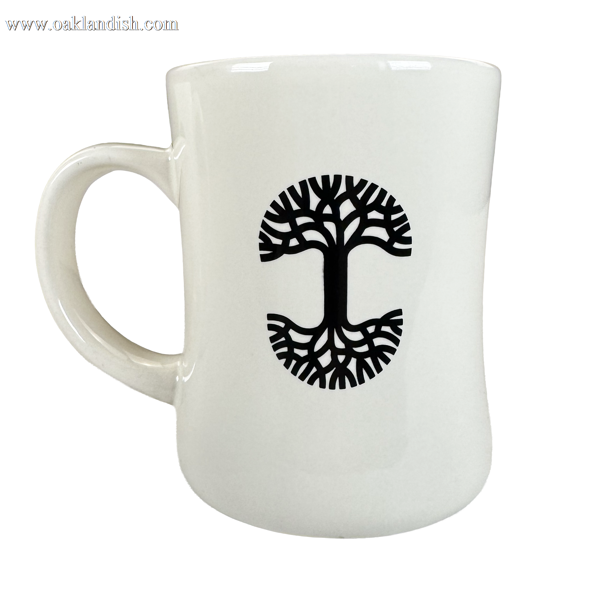 The Oaklandish Heart Diner Mug is a 14 oz ceramic mug with a glossy finish, featuring a bold black tree design with heart-shaped roots and limbs. Its curved handle on the left side ensures a comfortable grip.