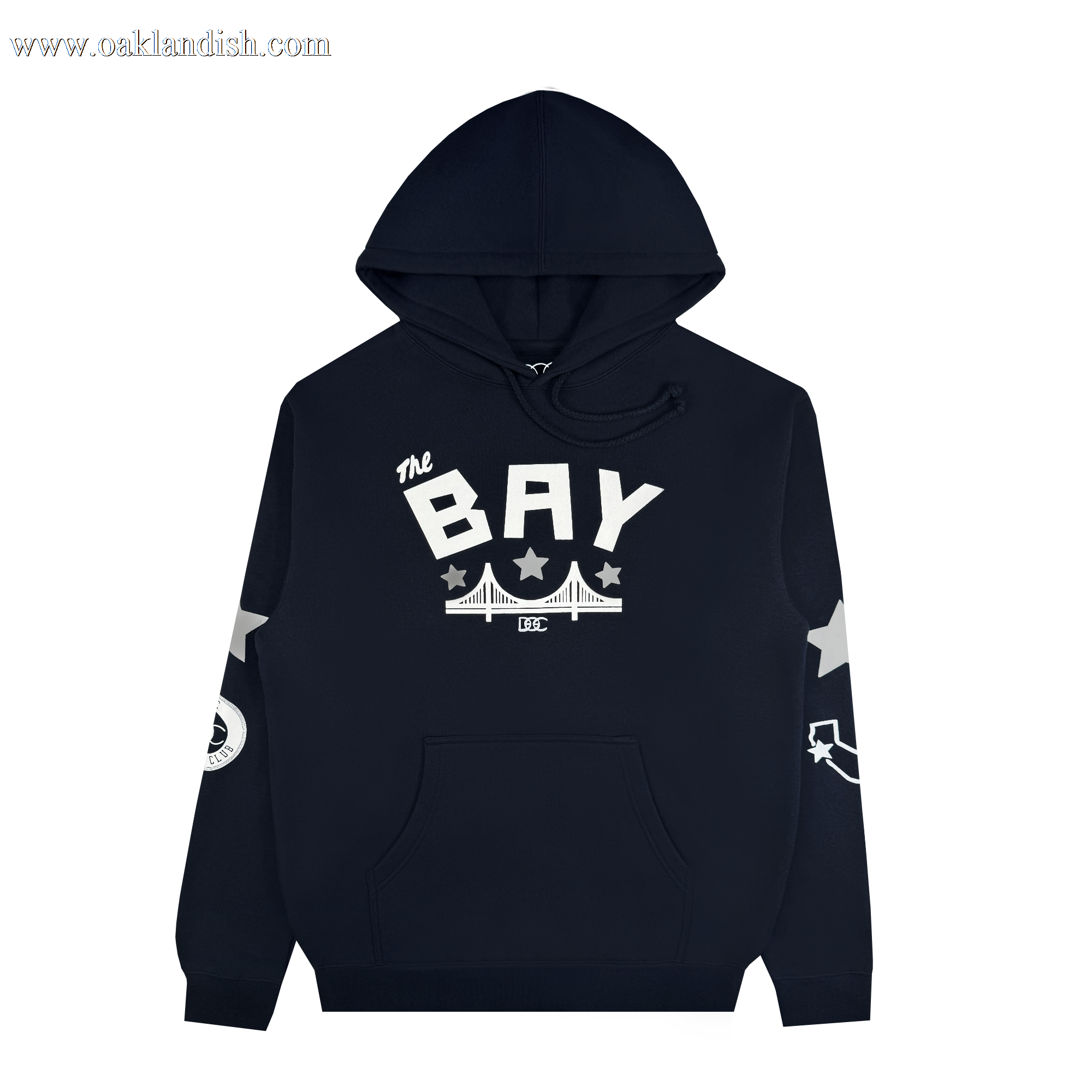 The Bay Bridge Hoodie by Oaklandish, designed by Dustin O. Canalin, is navy blue with "The Bay" and a bridge illustration on the front. It features white stars on the elbows, a circular emblem on the right sleeve, and comes with a drawstring hood, ribbed cuffs, and hem for style.