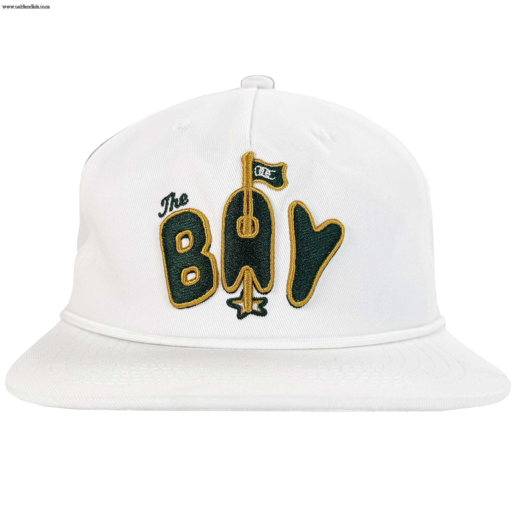 The Bay Area 5 Panel by DOC from Oaklandish is a white unstructured strap back hat with green and gold “The Bay” embroidery, featuring a gold bat-shaped "A," green flag, and gold star. Part of The Bay Collection.
