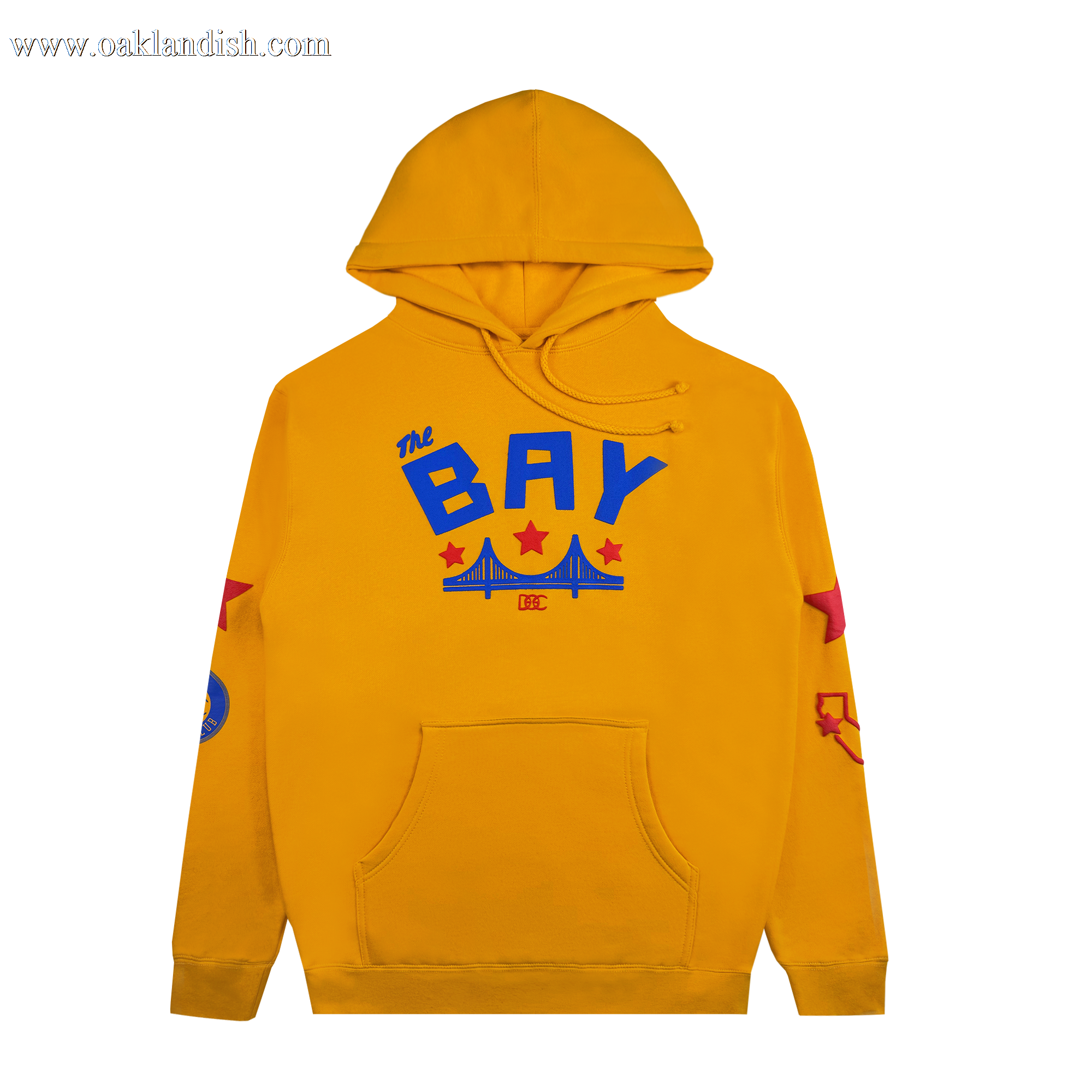 The Bay Bridge Hoodie by DOC from Oaklandish is a yellow hoodie featuring "The Bay" in bold blue letters, a stylized red and blue bridge illustration, front pocket, drawstrings, and sleeves with partial designs including a red outline of California. Inspired by a Bay Area art project.