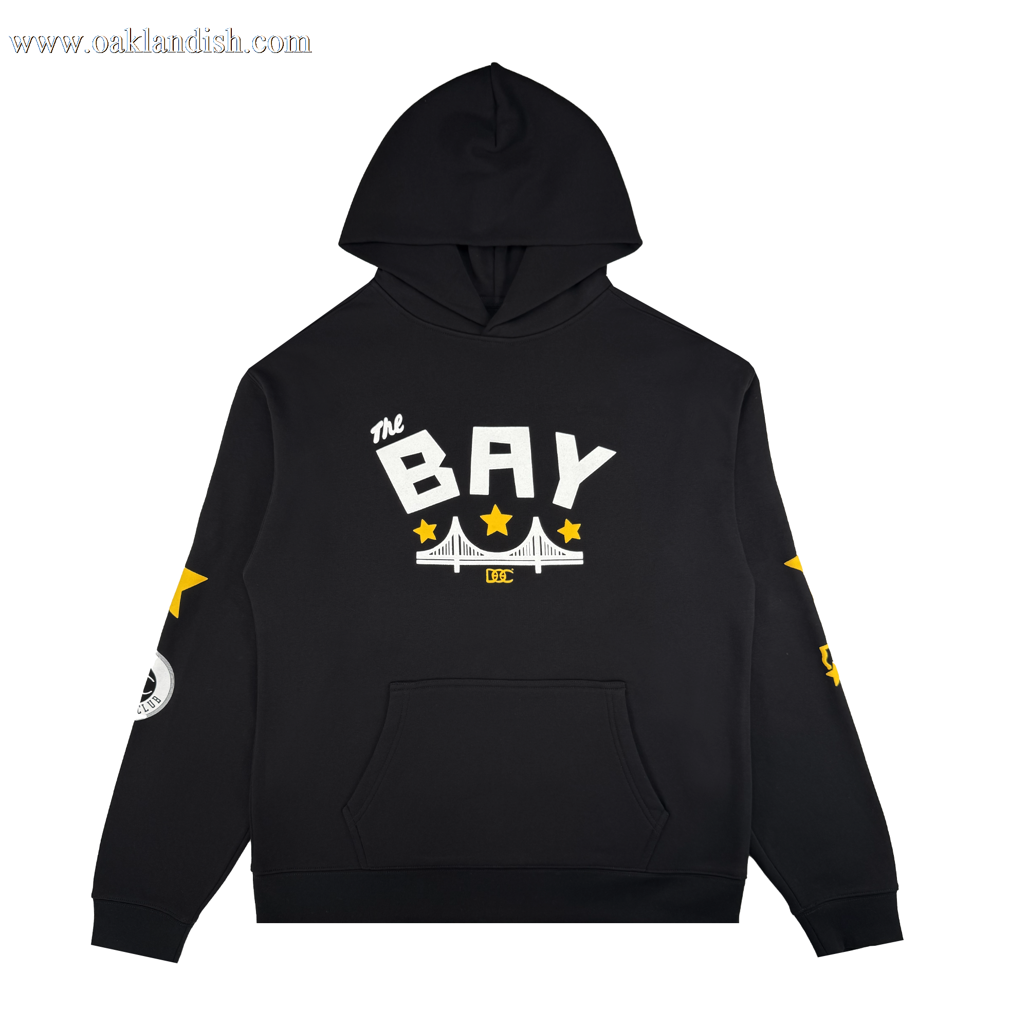 The Bay Bridge Hoodie By DOC V2 by Oaklandish is a black men’s fleece pullover with a front pouch pocket, “the BAY” in bold white above a bridge and yellow stars. Sleeve accents feature stars and graphics. Hood up; plain white background.
