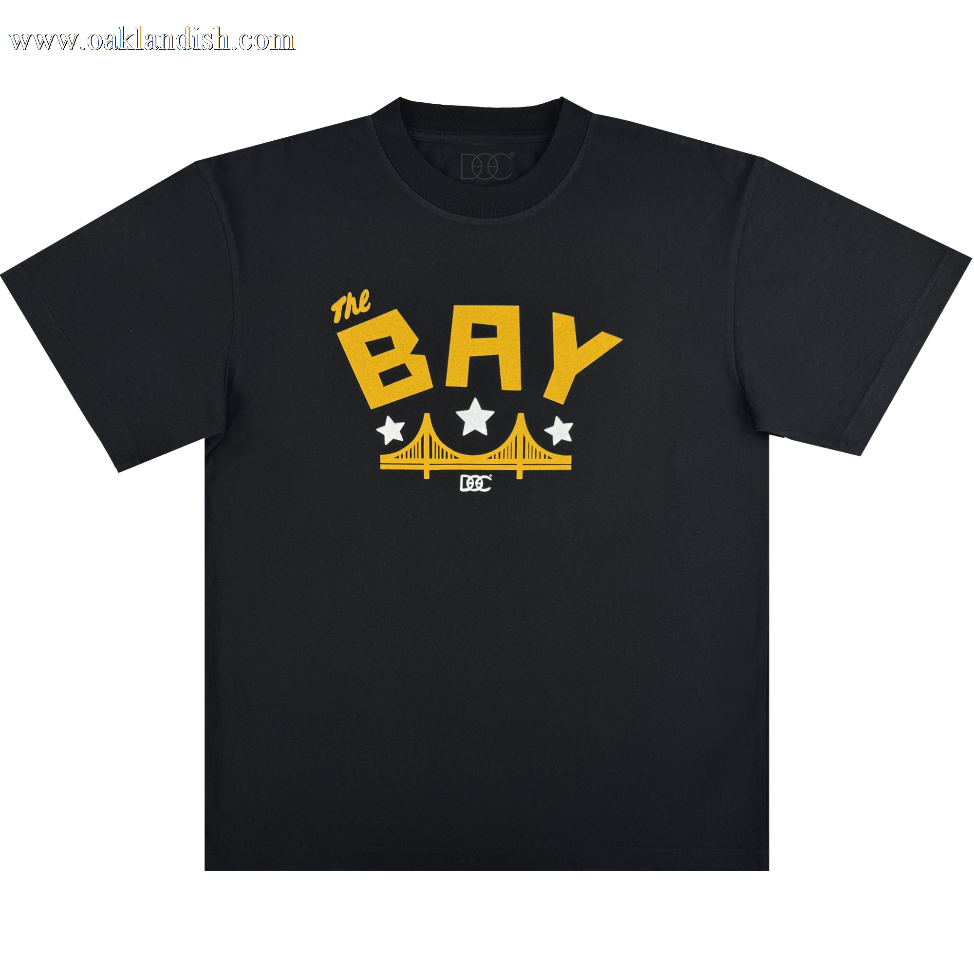 The Bay Bridge Tee By DOC V2 by Oaklandish features a classic fit in heavyweight cotton with bold yellow "The BAY" text, three white stars, and a yellow bridge graphic inspired by the Golden Gate Bridge on the chest.