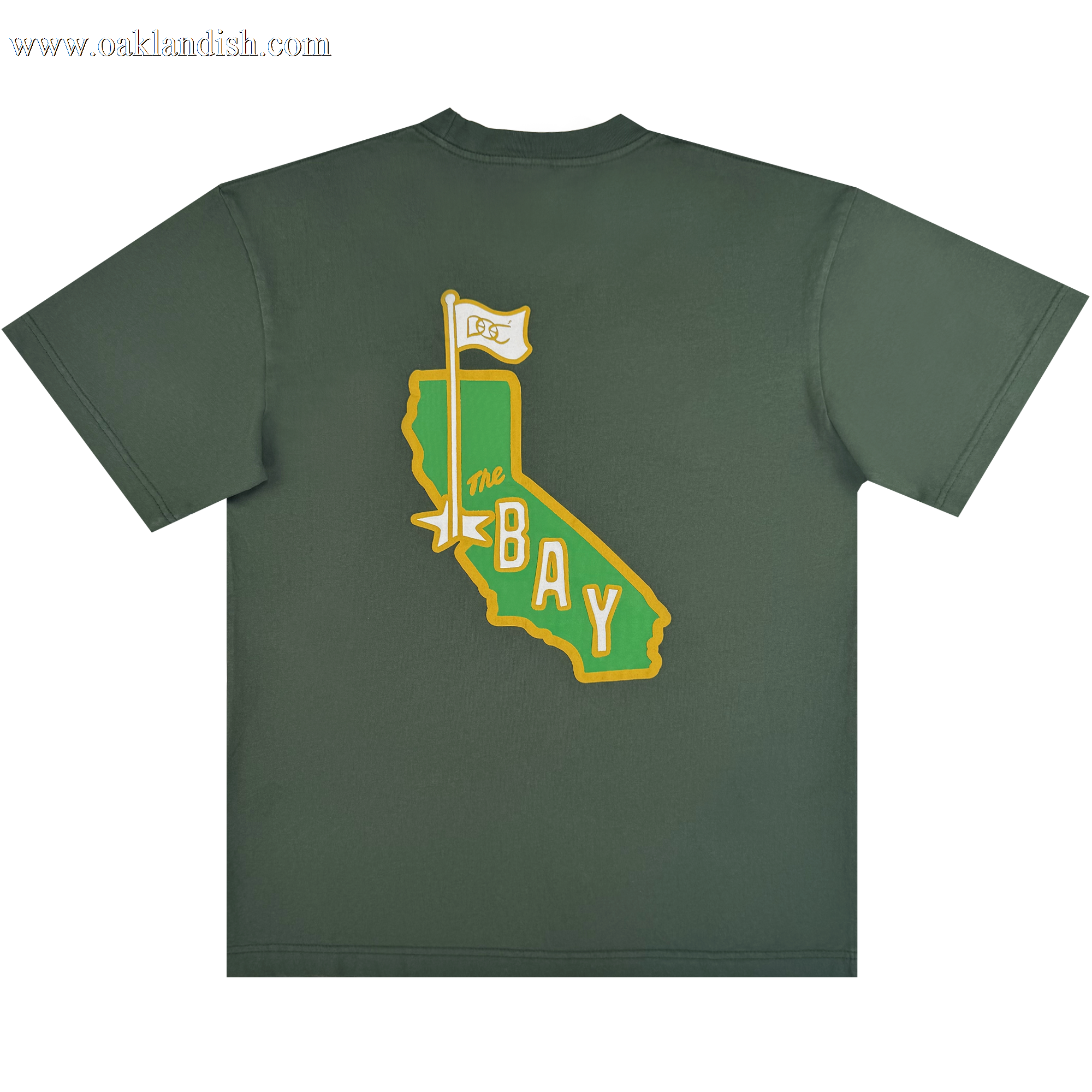 The CA Bay Area Tee by DOC from Oaklandish is a dark green heavyweight cotton shirt with a yellow outline of California and “The BAY” in bold lettering. A “1st” golf flag marks the Bay Area on the back.