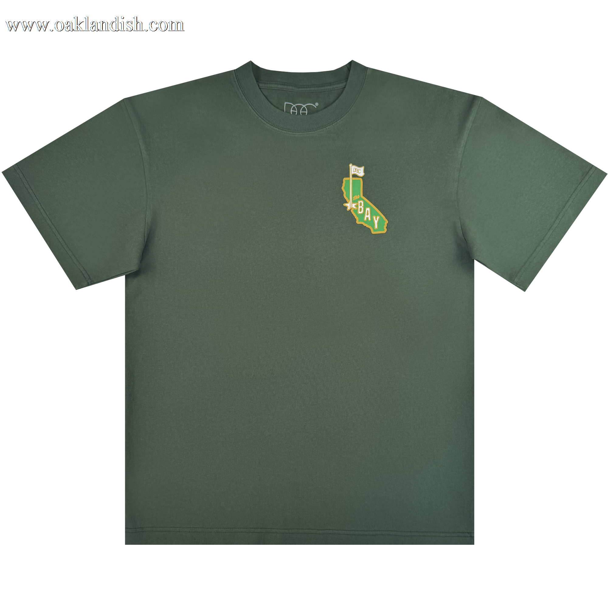 The CA Bay Area Tee By DOC by Oaklandish is a green heavyweight cotton classic fit t-shirt with a small yellow and white California waving flag "BAY" graphic on the left chest. Part of The Bay Collection. Plain white background.