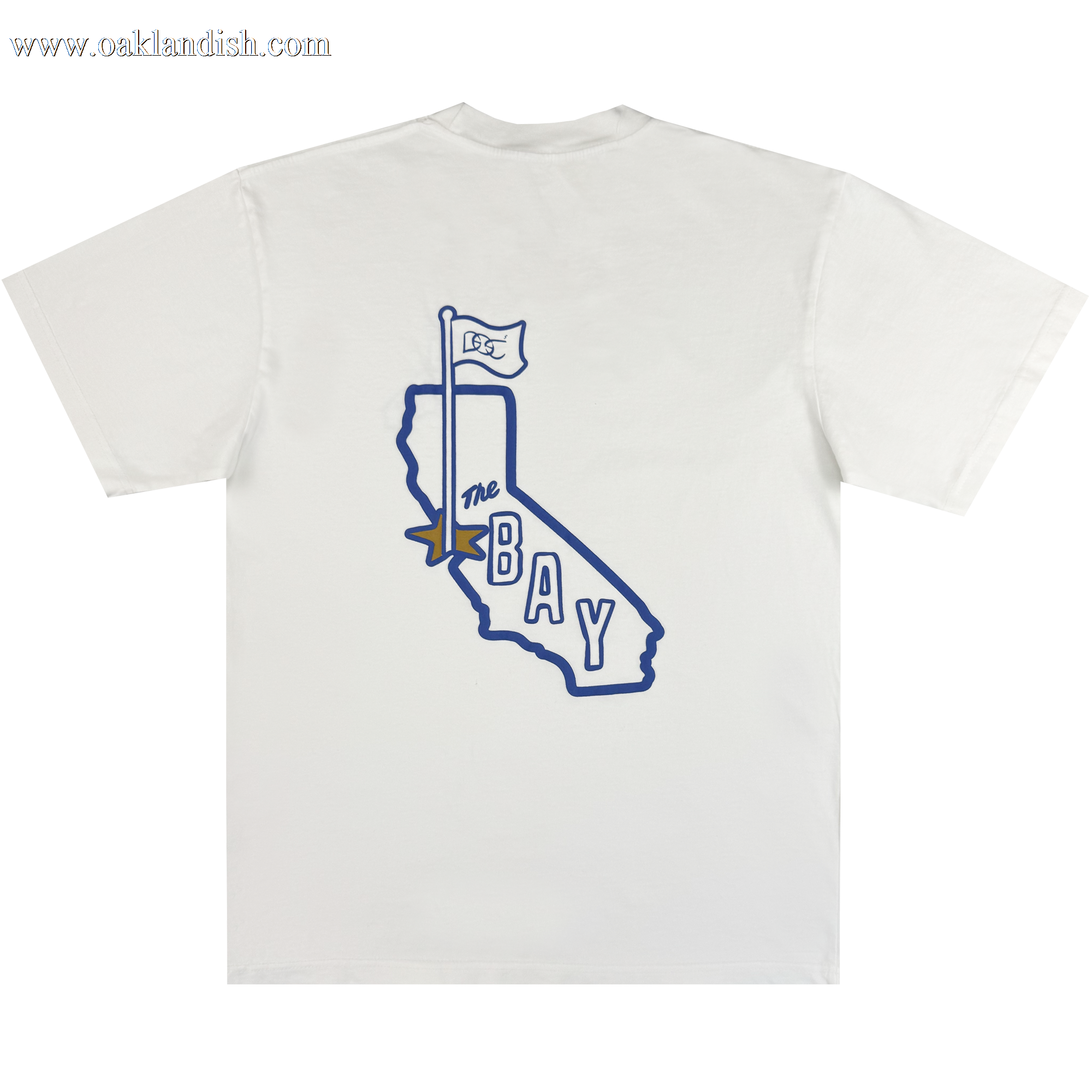 The Oaklandish CA Bay Area Tee by DOC is a classic fit on premium heavyweight cotton, featuring an outlined California graphic, a "1st" flag at the top, and bold blue and yellow "The BAY" across the lower state.