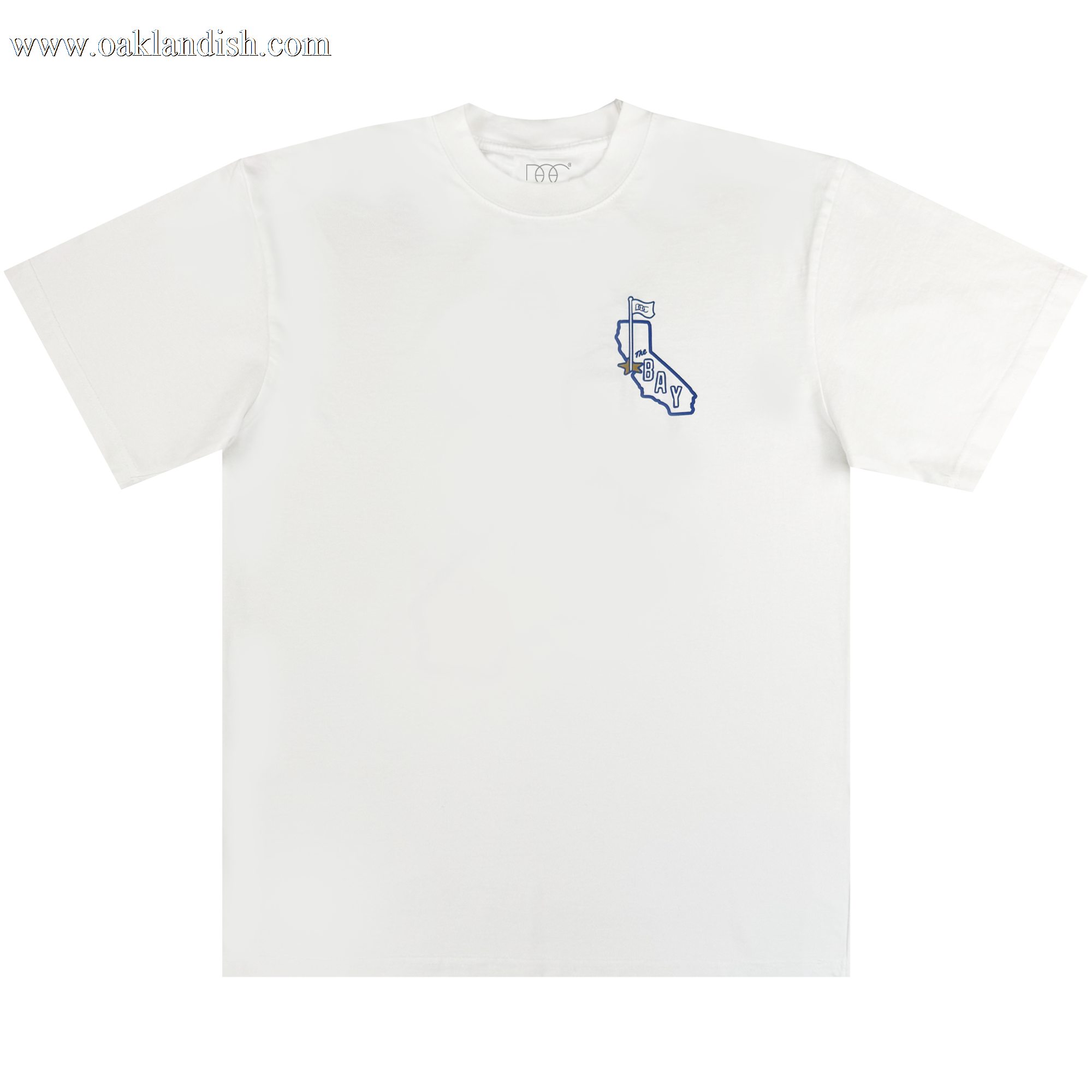 The CA Bay Area Tee By DOC by Oaklandish is a classic fit white t-shirt with a small blue line drawing on the left chest, showing California with a flag, flower, and "BAY," made from heavyweight cotton for lasting comfort.