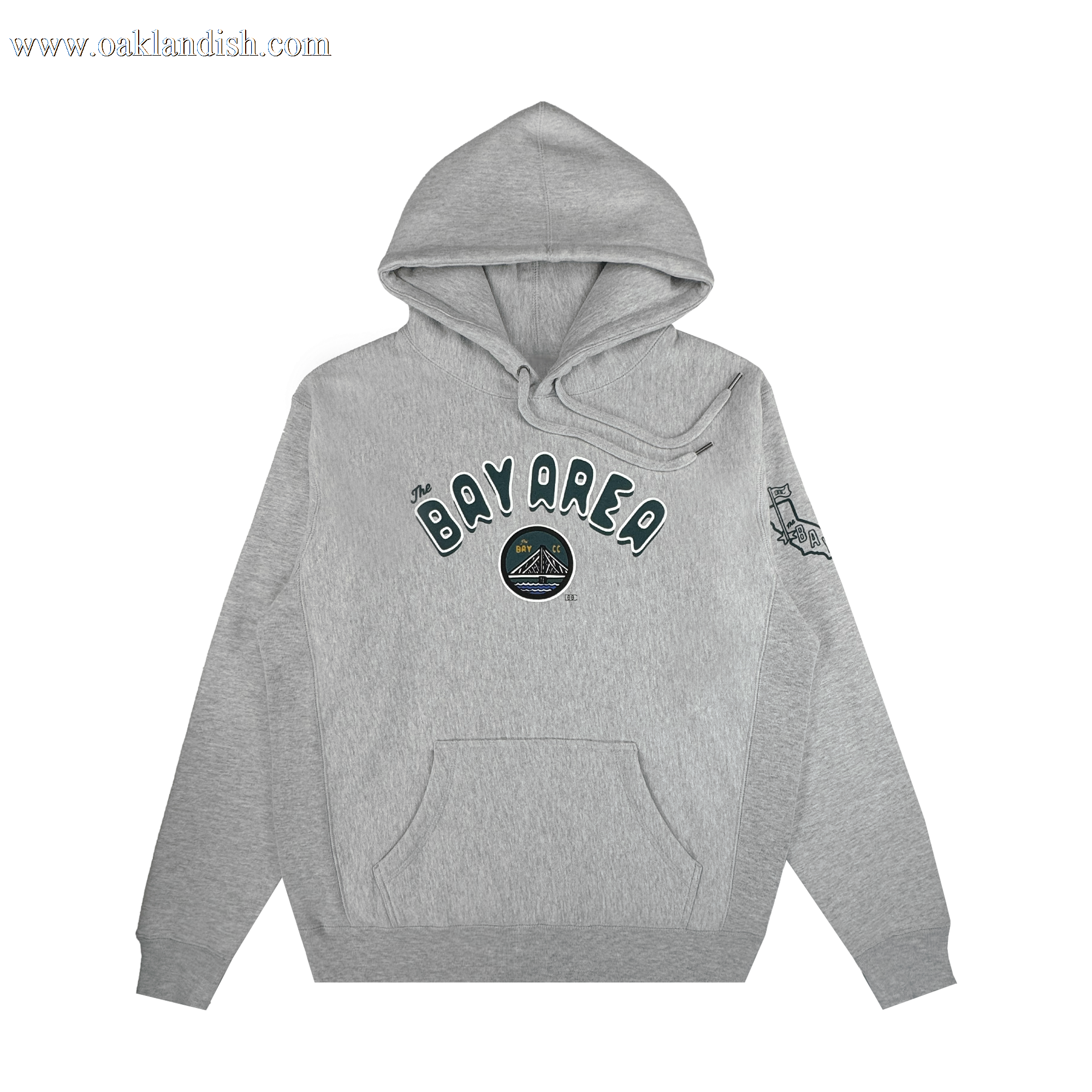 The Bay Area CC Hoodie By DOC from Oaklandish is a light gray heavyweight fleece men’s pullover with “BAY AREA” in varsity dark green on the chest, a landscape patch beneath, front pocket, and building sketch on the left sleeve.