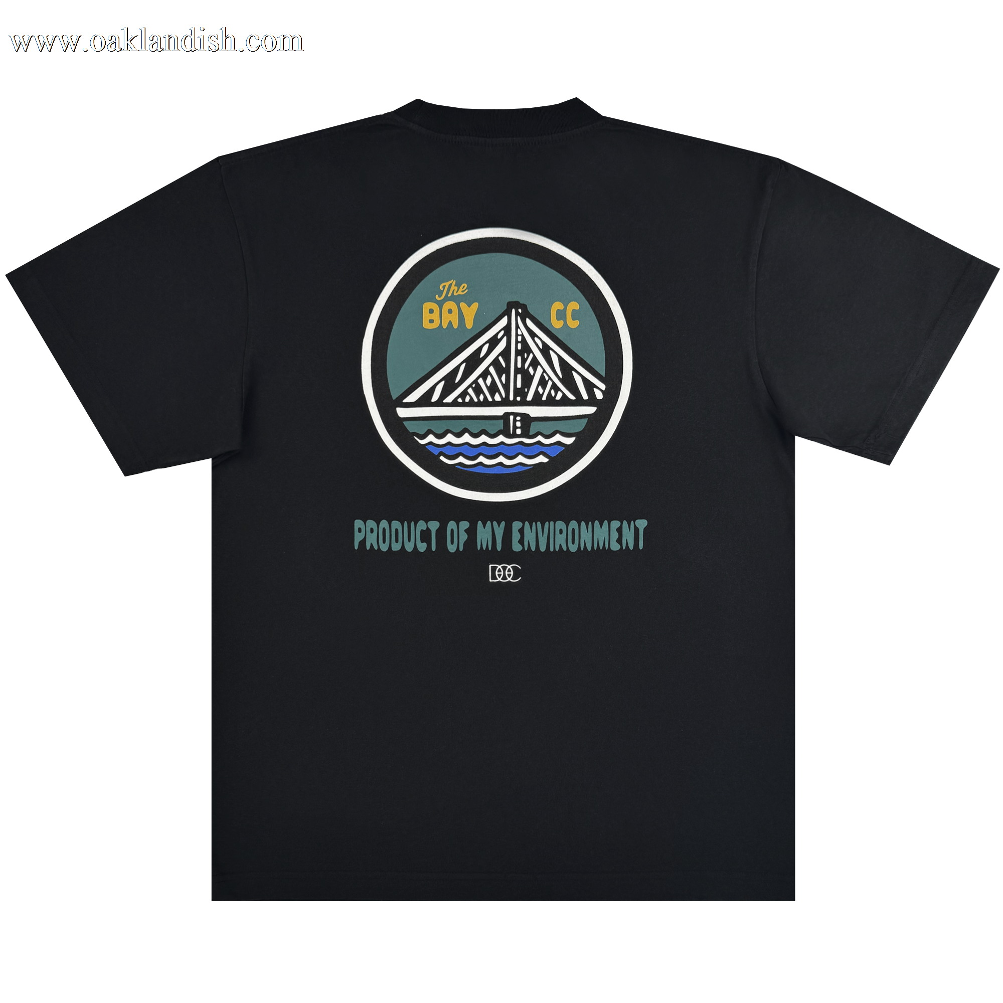 The Oaklandish Bay Area CC Tee By DOC is a black heavyweight cotton t-shirt with a circular back graphic of a bridge, sun, and water. Part of The Bay Collection, it features “The BAY CC” and “PRODUCT OF MY ENVIRONMENT.” Classic fit.