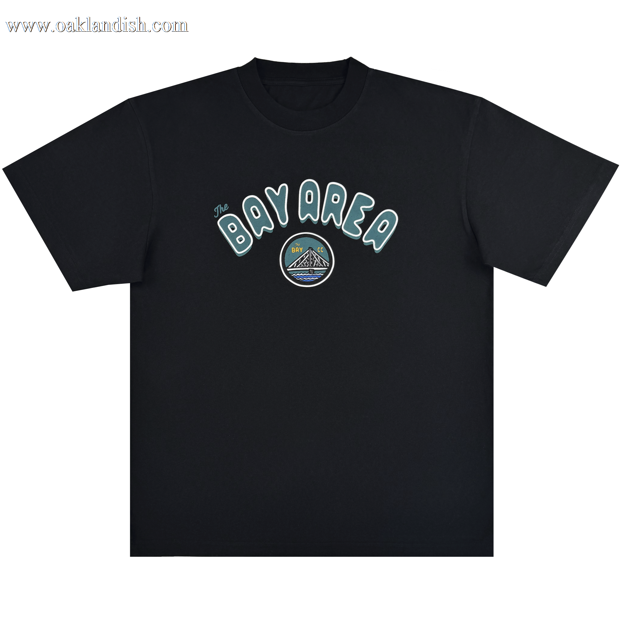 The Bay Area CC Tee by DOC from Oaklandish is a black short-sleeve classic fit, heavyweight cotton t-shirt featuring “The BAY AREA” in white and teal and a circular graphic of a mountain, bridge, sun, sky, and water.