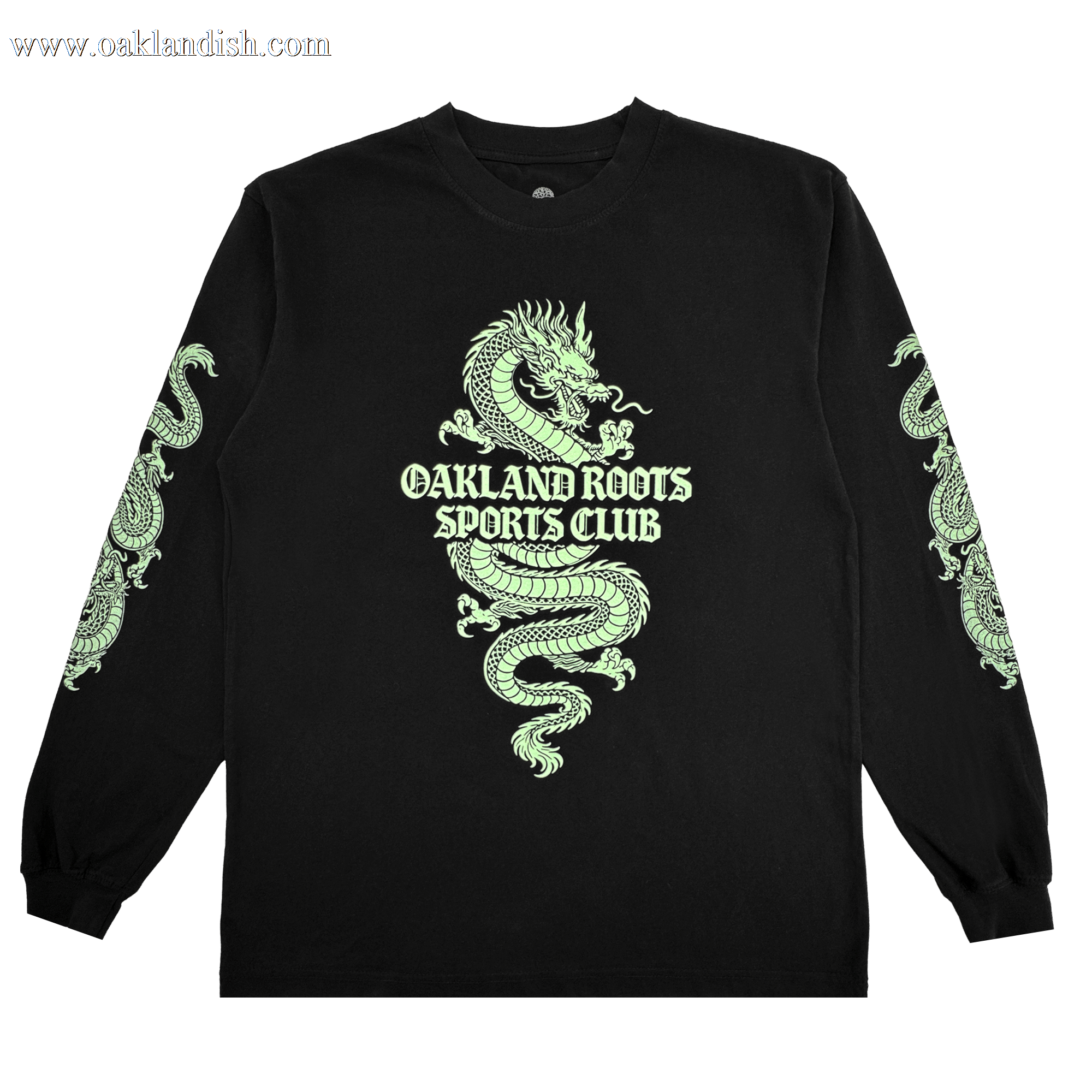 The ORSC Ryujin LS Tee by Oakland Roots SC is a black long-sleeve shirt with a bold neon-green dragon wrapped around “Oakland Roots Sports Club” on the chest and smaller dragon accents on the sleeves, shown laid flat on a white background.