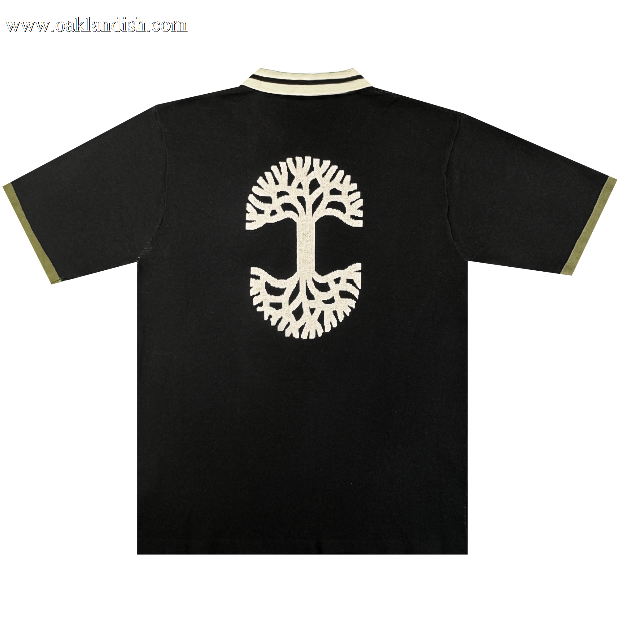 The Oaklandish Ease Jersey is a black unisex polo with beige knit collar and trim, featuring a large embroidered beige tree on the back with mirrored branches and roots in a circular design.