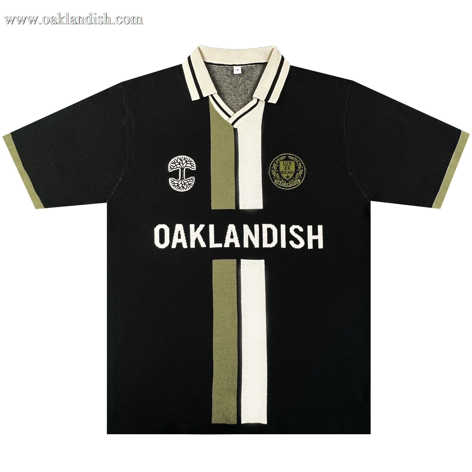 The Oaklandish Ease Jersey is a black unisex short-sleeve knit collar shirt with olive and white center stripes, bold “OAKLANDISH” across the chest, tree logo left, circular patch right, and olive trim.