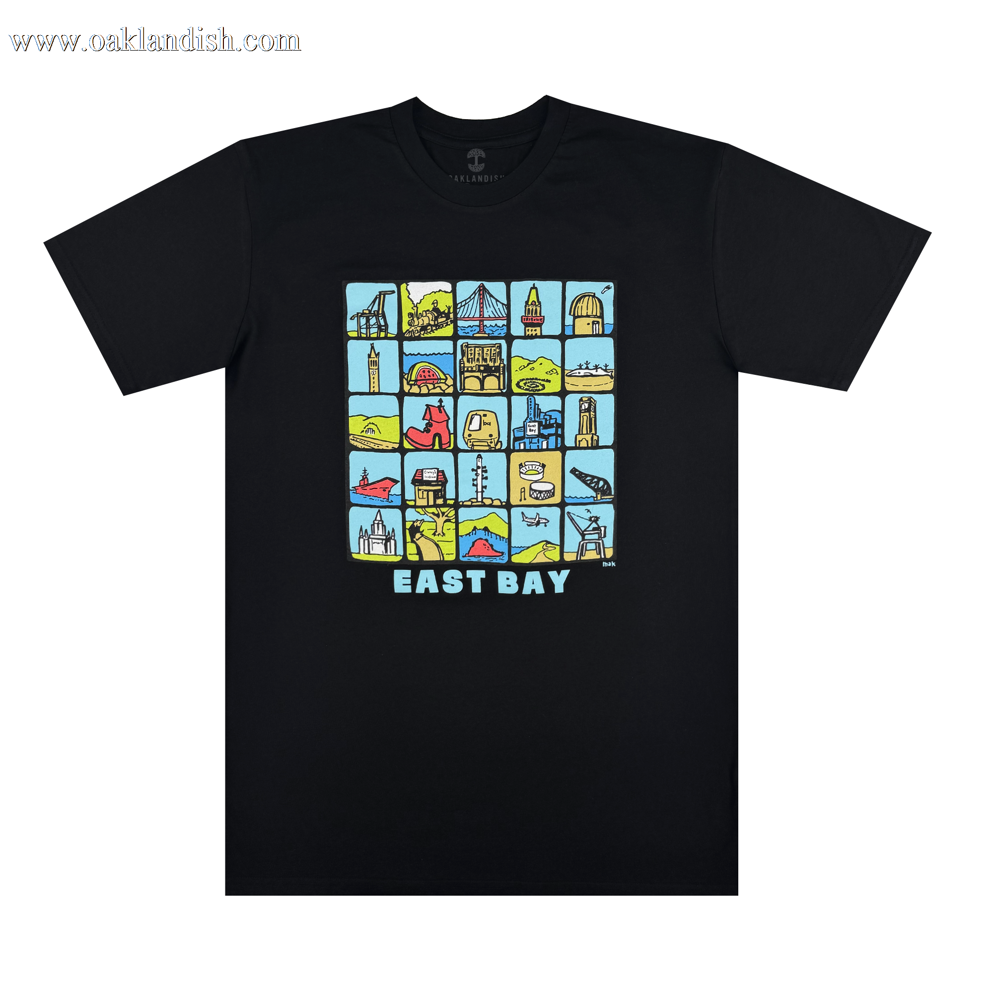 The Oaklandish East Bay Landmarks Tee is a black shirt with a colorful illustrated grid of local landmarks by an East Bay artist and “EAST BAY” in bold blue letters below the design, shown laid flat on a white background.