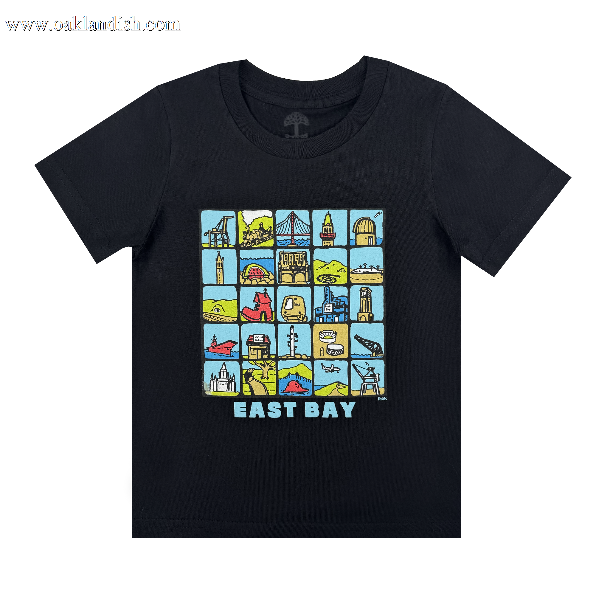 The Oaklandish Toddler East Bay Landmark Tee is a black shirt with a colorful grid of East Bay sites—buildings, bridges, hills, and boats—and “EAST BAY” in bold letters below black-outlined illustrations on a light blue background.