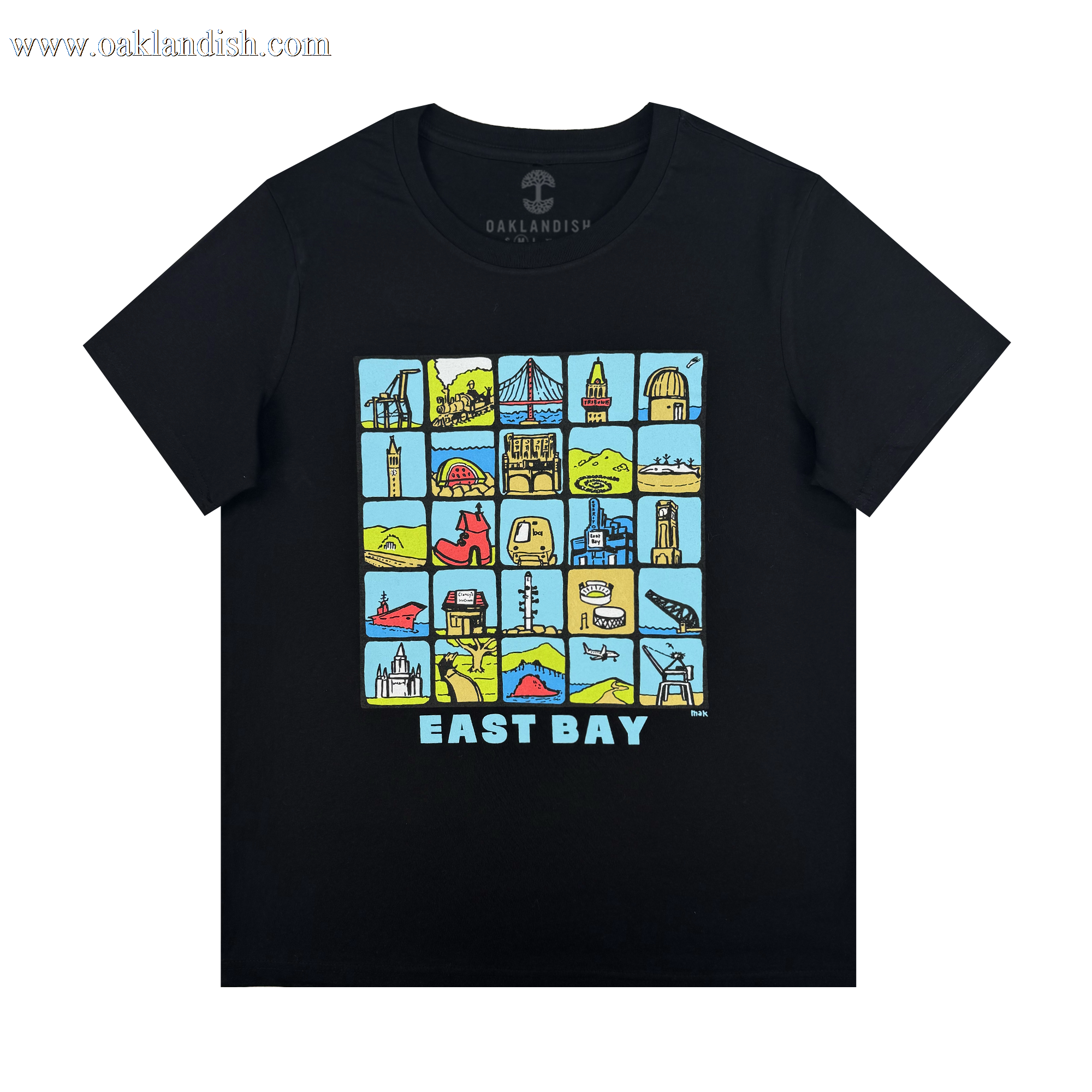 The Oaklandish Women's East Bay Landmarks Tee is a black shirt with colorful cartoon-style icons of bridges, buildings, and hills in a 5x4 grid above bold blue and white “EAST BAY” text.