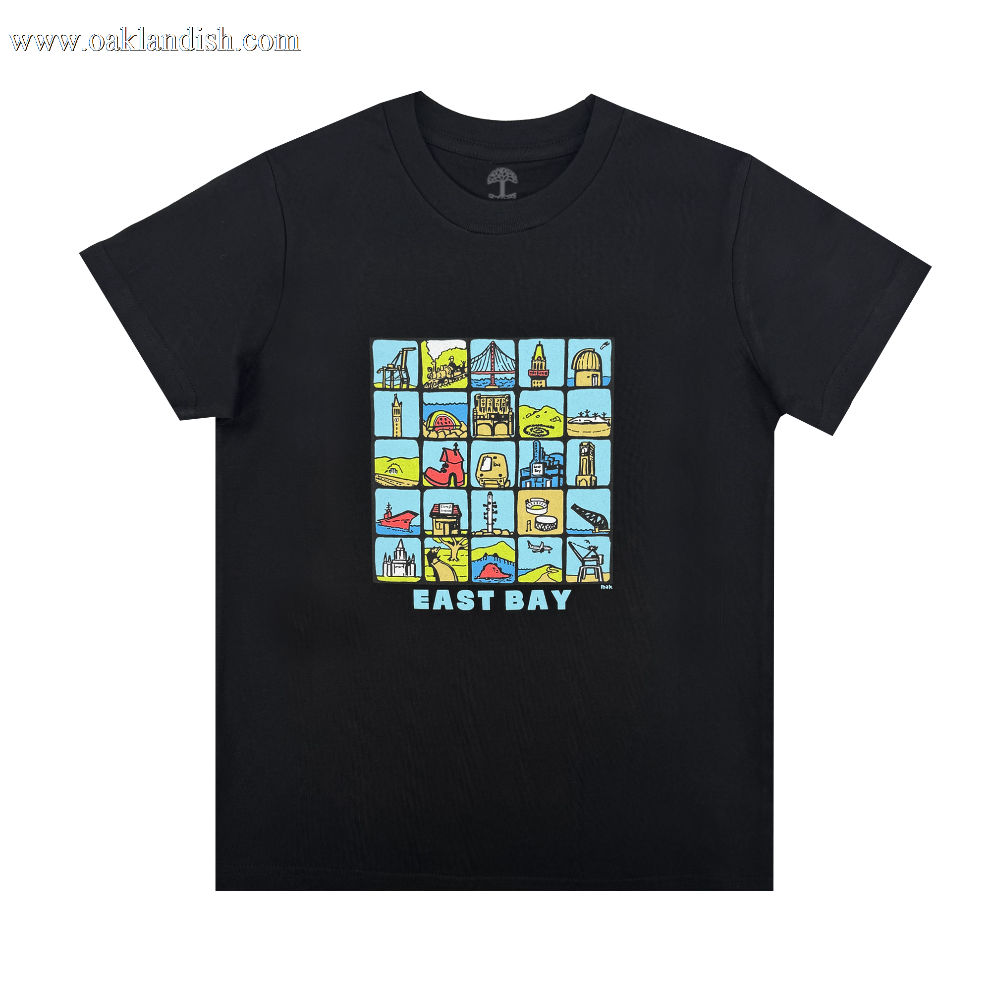 The Oaklandish Youth East Bay Landmark Tee is a black t-shirt with a colorful grid of iconic East Bay landmarks and nature scenes, plus "EAST BAY" in bold white letters—perfect for young Bay Area fans.