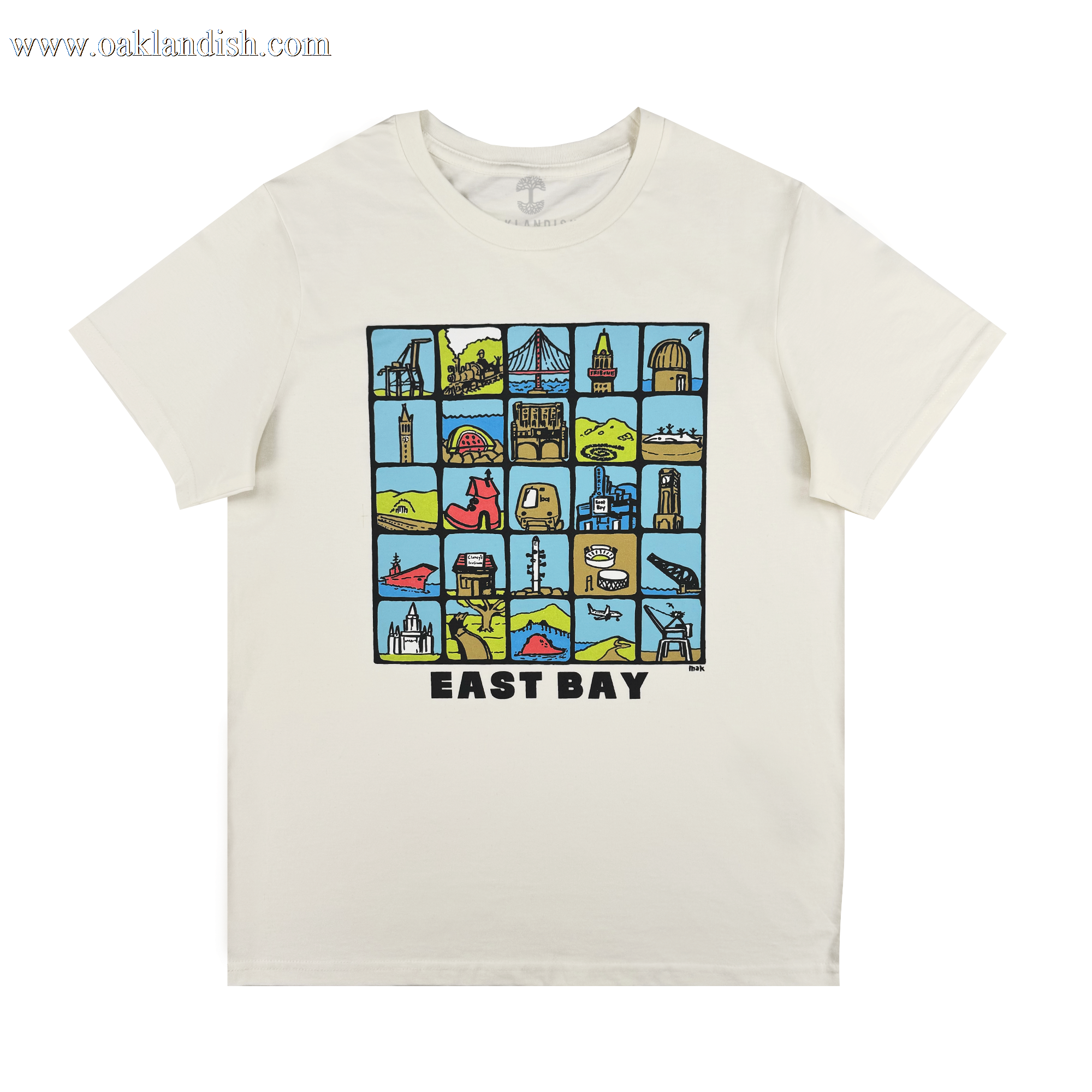 The Oaklandish Women's East Bay Landmarks Tee is a white shirt with a vibrant grid of cartoon-style East Bay icons and landmarks, finished with bold "EAST BAY" text below the design.