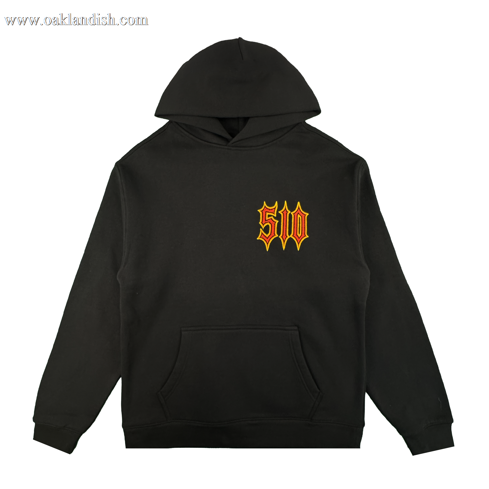 The Oaklandish Ember Hoodie is a black unisex fleece pullover with a front pocket and “510” in yellow, gothic-style font outlined in red on the left chest. A plain white background highlights this stylish hoodie.