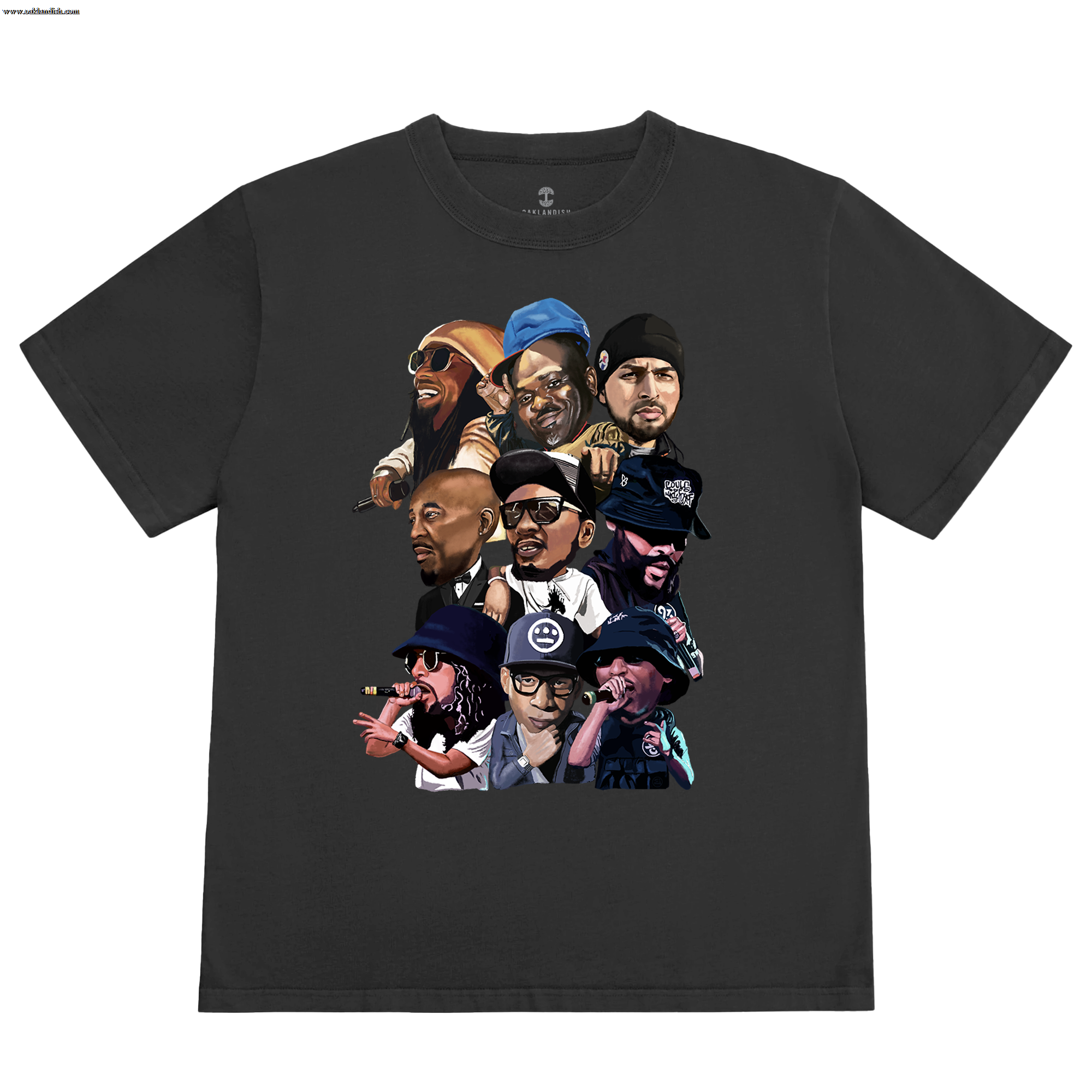The Faces of Hieroglyphics Tee by other showcases illustrated portraits of nine Bay Area Hieroglyphics Crew legends, designed in vibrant detail by Eric Jue Illustrates on a classic black T-shirt.