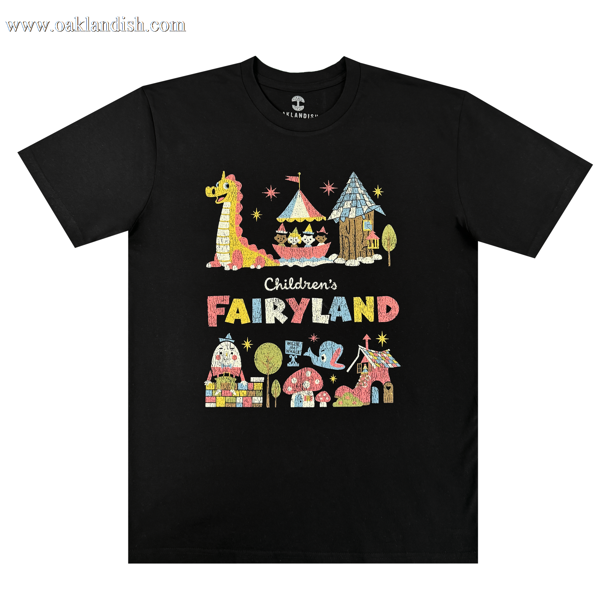 The Oaklandish Starlit Tee is a black shirt with playful, hand-drawn artwork of giraffes, tents, castles, trees, and animals plus "Children’s FAIRYLAND," celebrating Oakland’s iconic storybook park.
