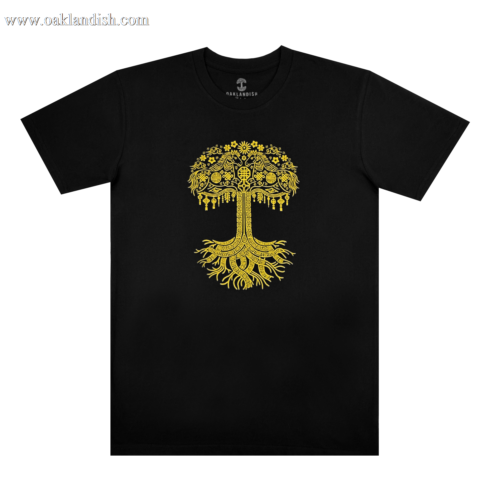 The Oaklandish Fire Horse Tee is a black men's cotton t-shirt with an intricate yellow stylized tree design, featuring ornate roots and branches in a symmetrical chest pattern. Classic fit for comfort and style against a plain white background.