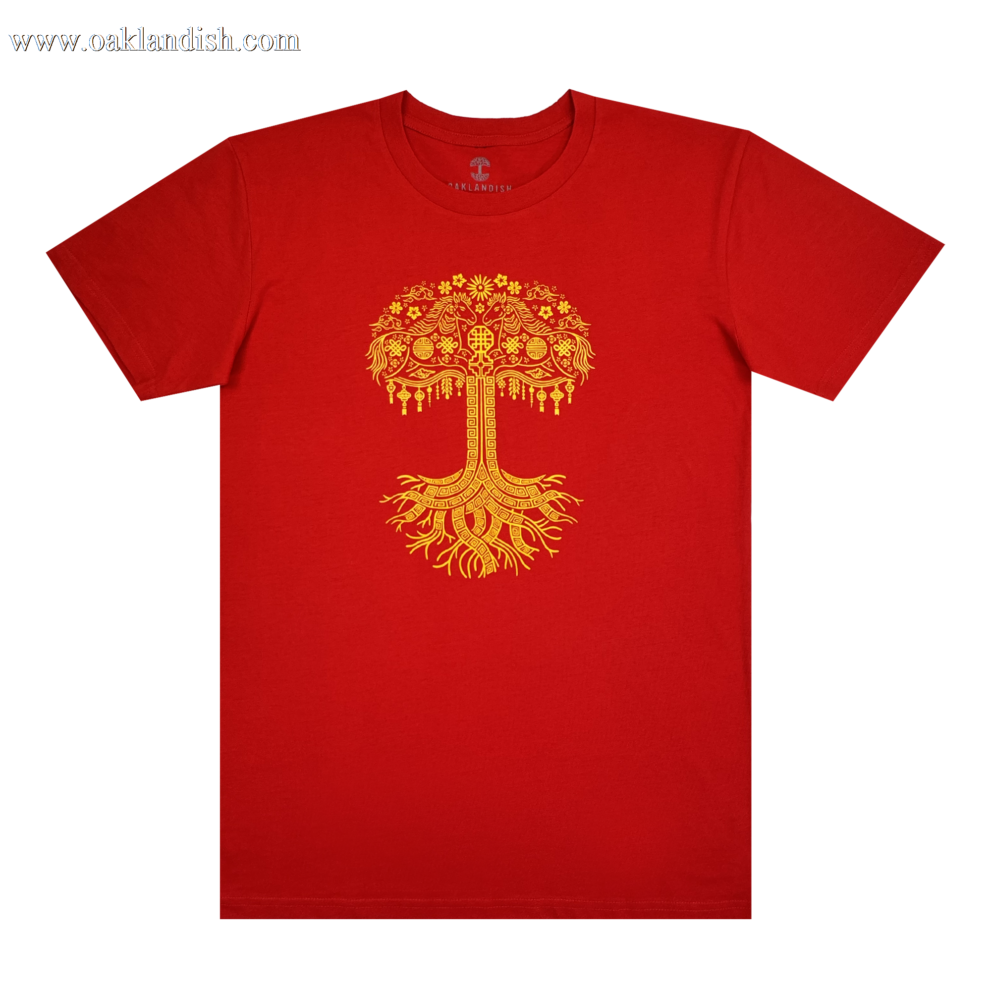 The Oaklandish Fire Horse Tee is a classic fit, red 100% cotton shirt with a detailed yellow tree design, ornate branches, flowers, and leaves. Decorative roots create a symmetrical pattern. Displayed on a plain white background.