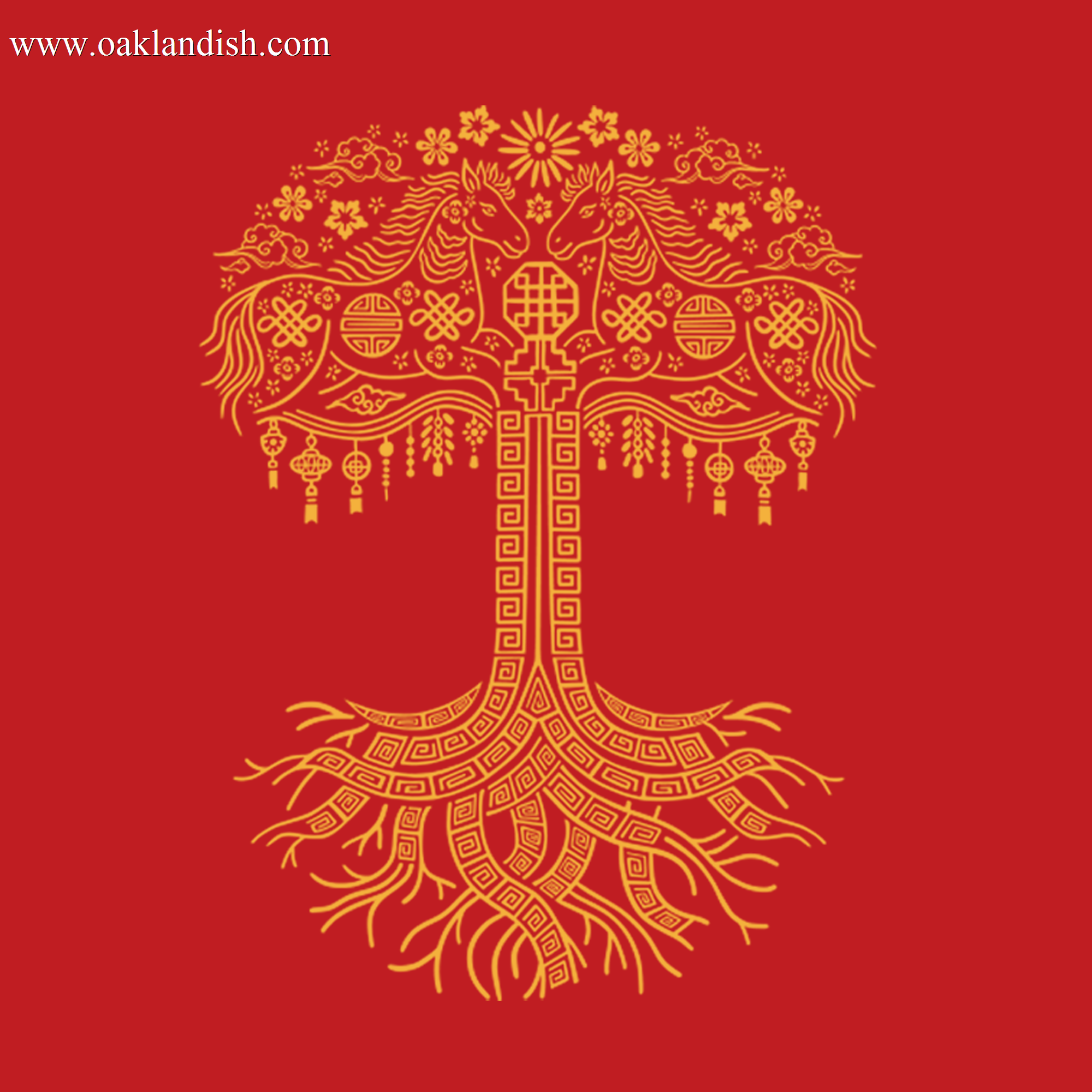 The Oaklandish Toddler Fire Horse Tee features a golden ornate tree on a red background, with stylized horses, flowers, coins, and lanterns in a decorative symmetrical design.