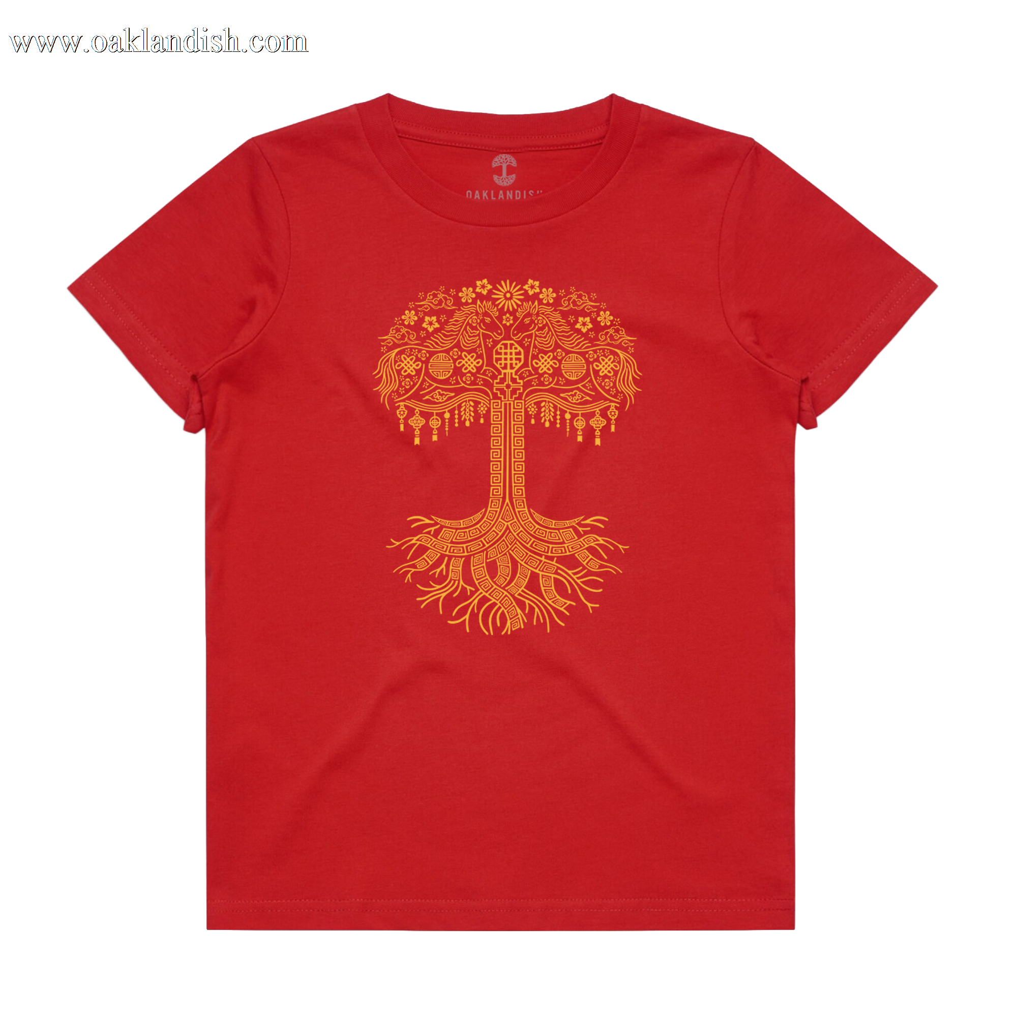 The Oaklandish Toddler Fire Horse Tee is a red short-sleeved shirt featuring a detailed orange stylized tree graphic with ornate branches, leaves, roots, and decorative patterns centered on the chest. Shirt is shown laid flat on a white background.