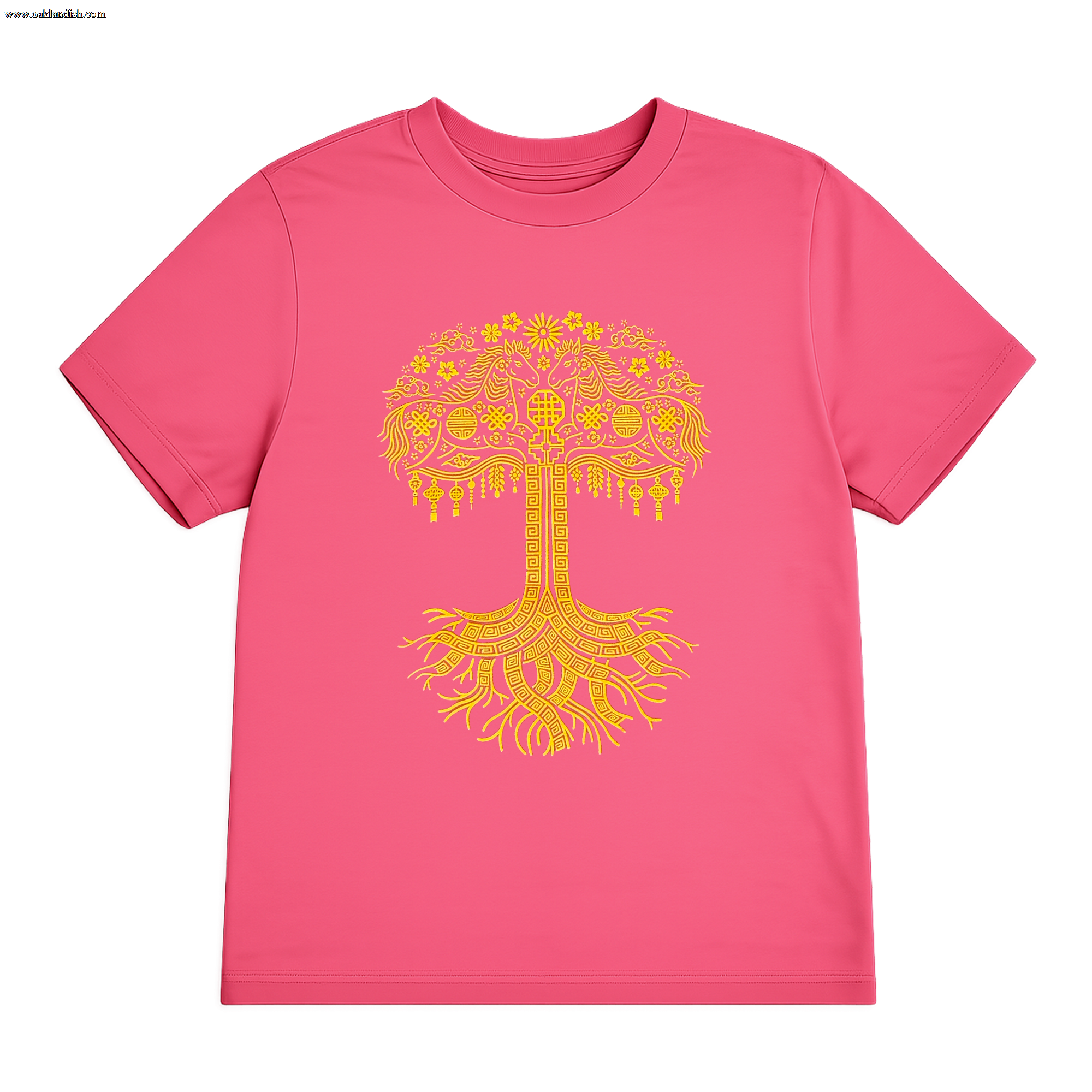 The Oaklandish Women's Fire Horse Tee is a bright pink classic-fit shirt with a bold yellow geometric-botanical tree graphic, inspired by the Year of the Fire Horse and featuring branches, leaves, and hanging ornaments.