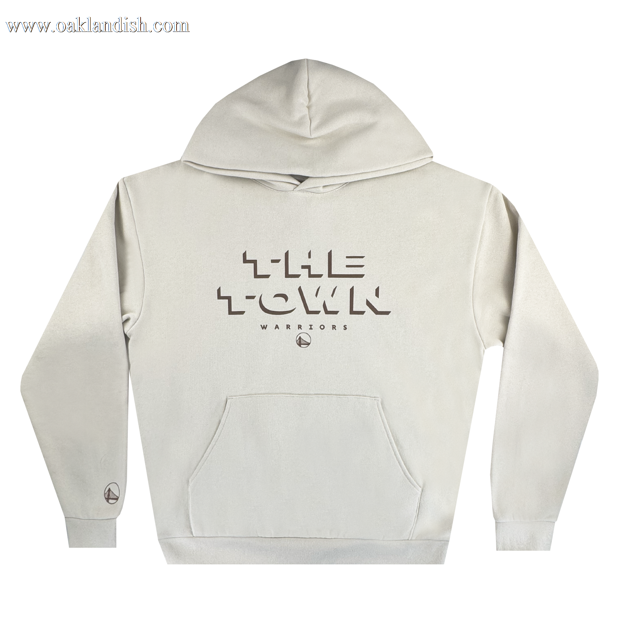 Introducing the Ghost Block Letters Hoodie by Other—a light beige pullover from the Warriors x Oaklandish Town Collection. It showcases “THE TOWN” in bold, geometric black lettering with “WARRIORS” beneath, plus a small tree emblem below the text and on the left wrist. Designed with a front pocket and drawstring hood for comfort and style.