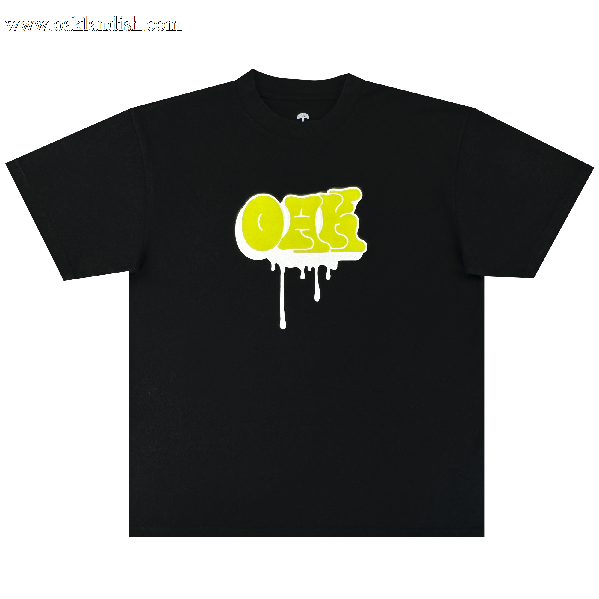 The Oaklandish Graff OAK Tee is a black, heavyweight 100% cotton t-shirt with a bold yellow graffiti-style “ONE” logo and white paint drips, shown laid flat on a plain white background for classic comfort and style.