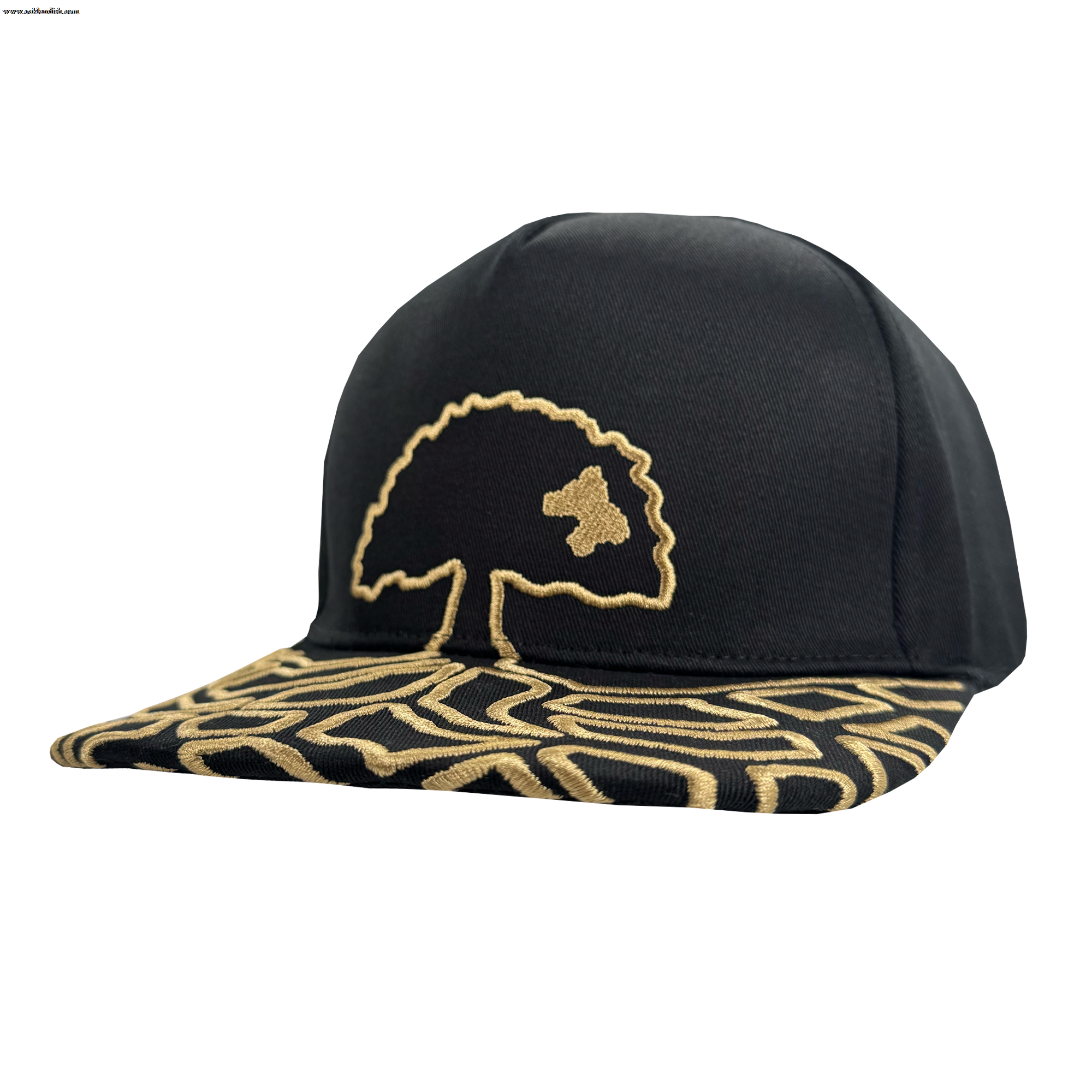 The Oakland Roots SC Growth Cap is a black 5-panel hat with gold embroidery. It features a stylized gold tree on the front and an abstract gold line pattern on the brim, creating a bold, signature look.