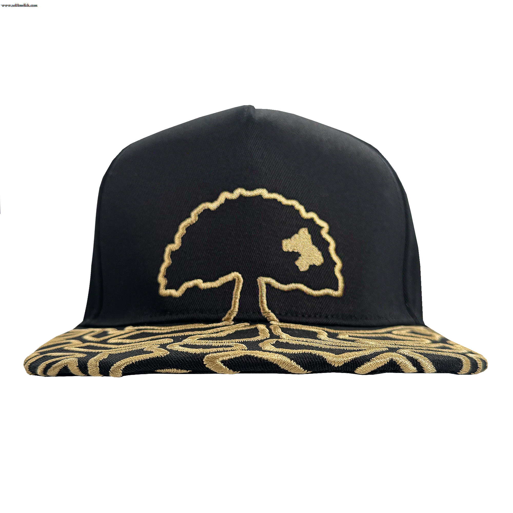 The Growth Cap by Oakland Roots SC is a black 5-panel snapback hat with a stylized gold tree embroidered on the front and abstract gold patterns on the flat brim, shown on a transparent background.