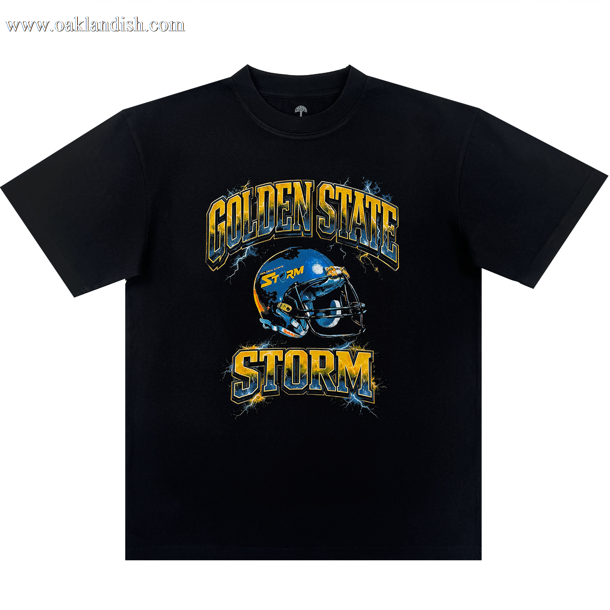 The Golden State Storm Y&B Tee by Oaklandish is a men's black heavy-weight cotton t-shirt with a blue football helmet, “STORM”, yellow-and-blue “GOLDEN STATE STORM” text, and a bold lightning-effect background in a classic fit.