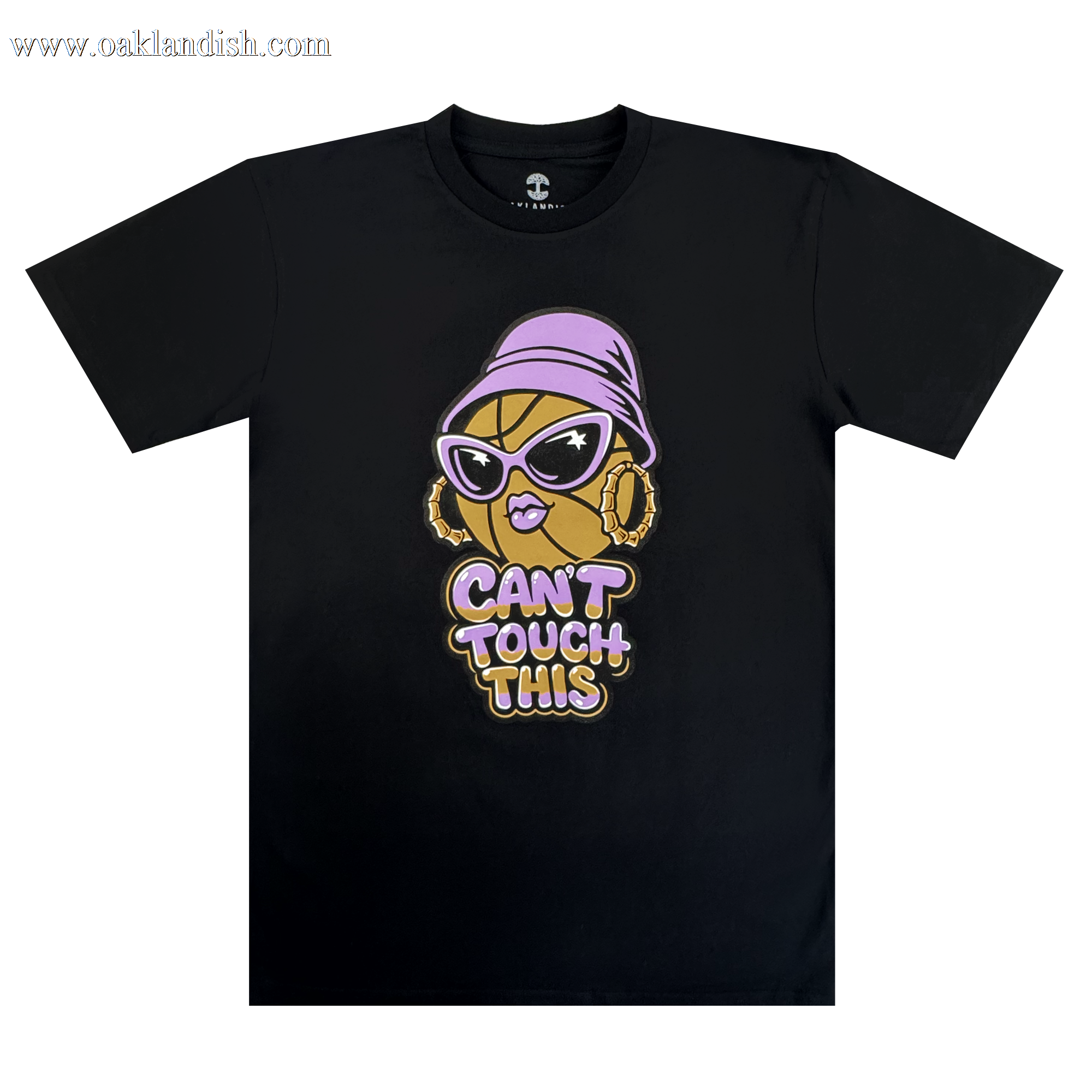 The GSV Can't Touch This Tee is a black classic fit t-shirt made from 100% cotton, featuring a stylized pineapple with sunglasses, gold hoops, purple lipstick, bucket hat, and bold text: "CAN’T TOUCH THIS.
