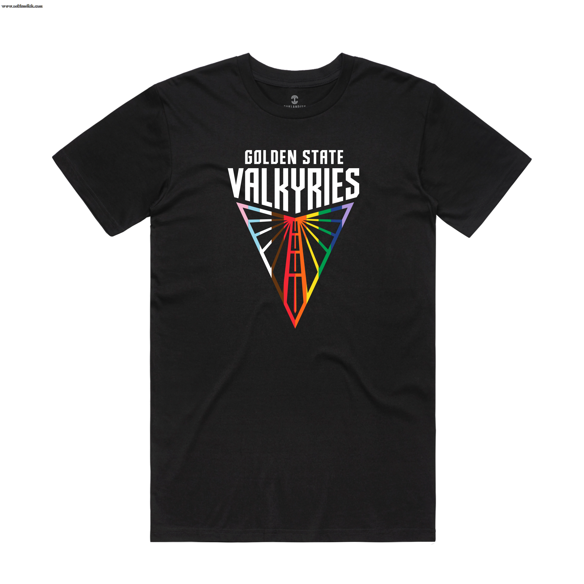 The GSV Logo Love Tee by GSV is a classic fit, 100% cotton shirt featuring “GOLDEN STATE VALKYRIES” above a red and orange triangular bridge with radiant rainbow lines, inspired by the Golden Gate Bridge.