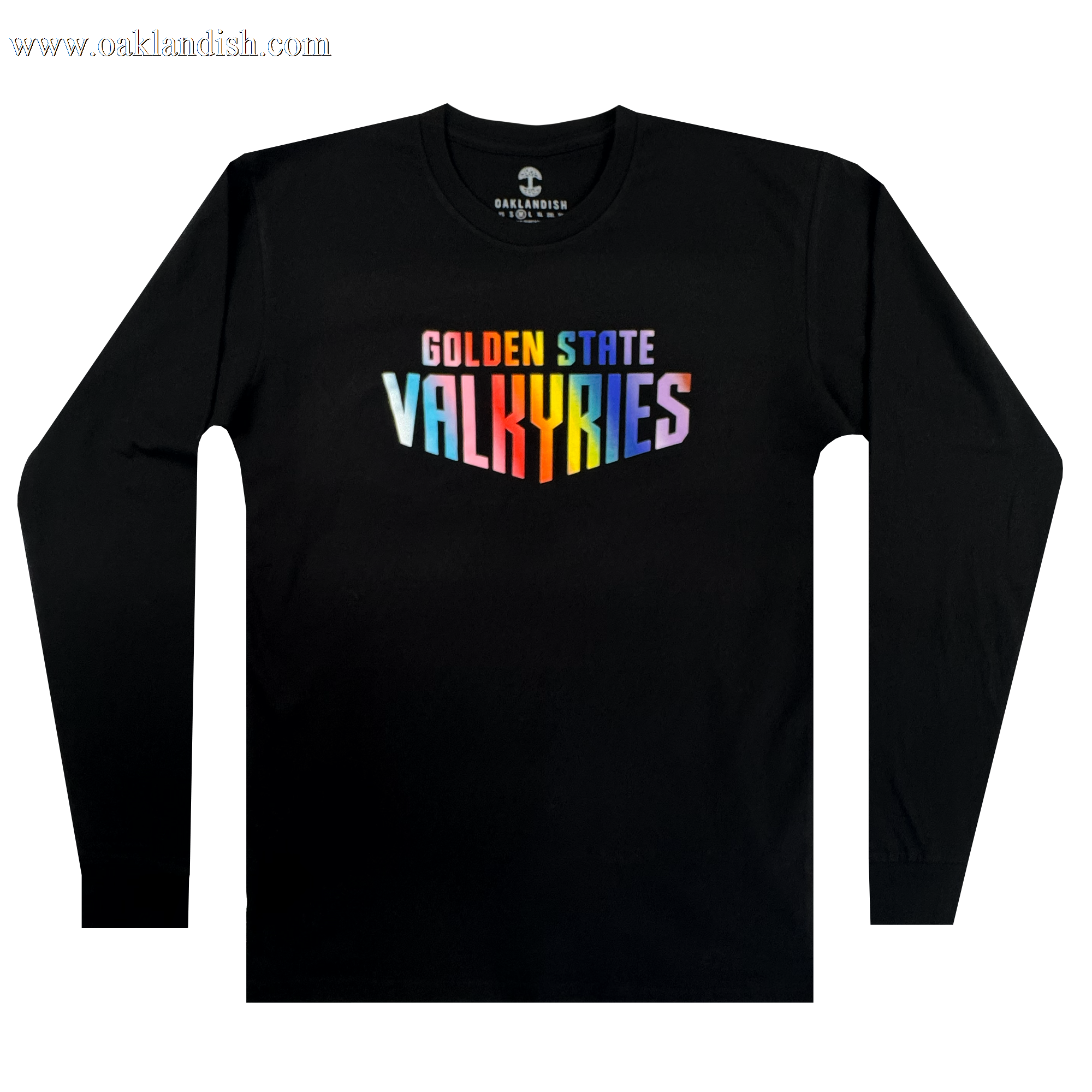 The GSV Love LS Tee by GSV is a 100% cotton long sleeve shirt with "GOLDEN STATE" in yellow and blue and "VALKYRIES" in a rainbow gradient, boldly centered across the chest.