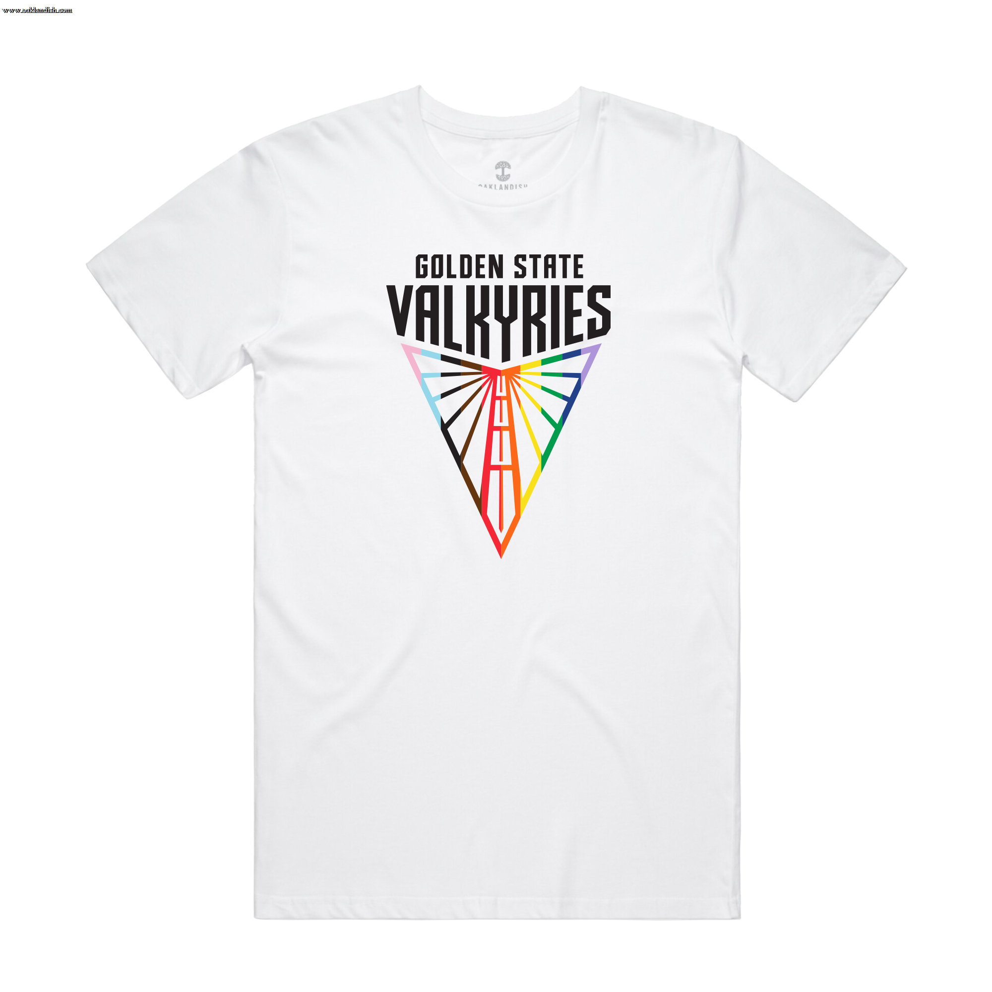 The GSV Logo Love Tee by GSV is a classic fit, 100% cotton shirt with "Golden State Valkyries" in bold black above a triangular graphic of rainbow lines radiating from a red bridge, inspired by the Golden Gate Bridge.