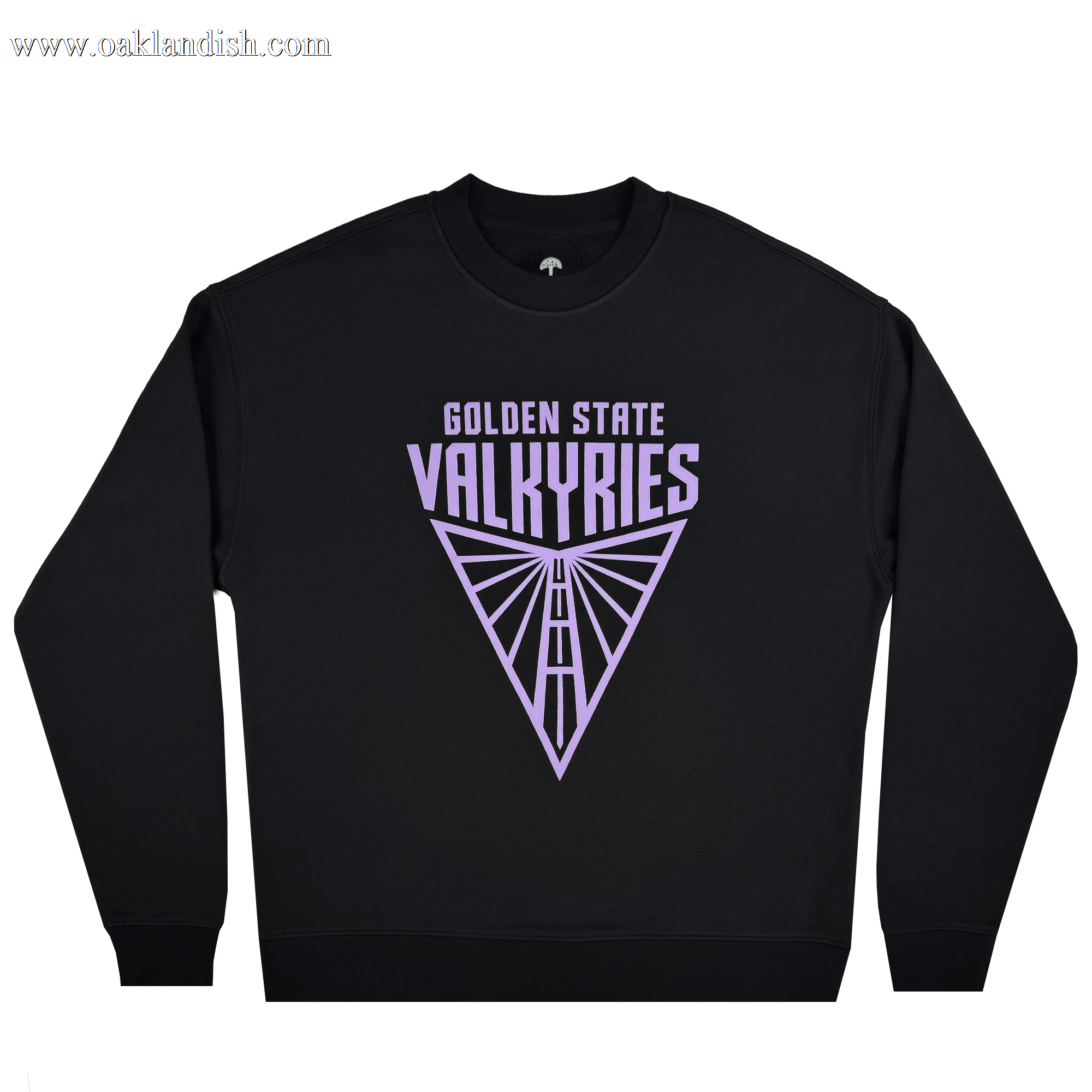 The Golden State Valkyries Primary Crewneck by GSV is a premium heavyweight fleece sweatshirt featuring "GOLDEN STATE VALKYRIES" text above a purple geometric triangle logo with intersecting lines.
