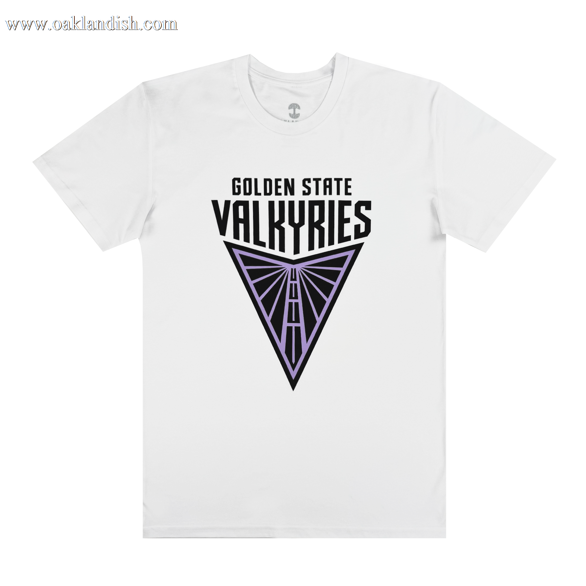 The Golden State Valkyries Primary Tee by GSV is a classic fit white t-shirt featuring "Golden State Valkyries" in bold black above a stylized purple triangle with a geometric vertical line pattern. Made of 100% cotton, it includes short sleeves and a round neckline for a modern, edgy look.