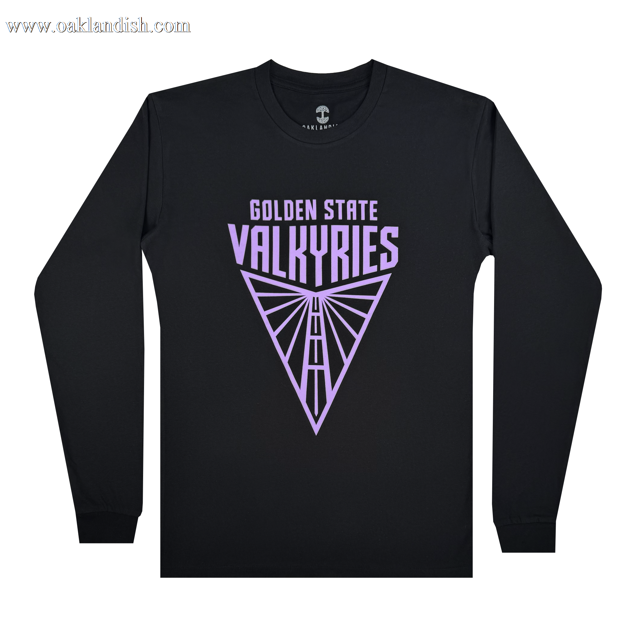 The Golden State Valkyries Primary LS Tee by GSV is a classic fit black long-sleeve T-shirt with "Golden State Valkyries" in bold purple text above a geometric triangular wing design on the chest, complete with ribbed cuffs for style and comfort.