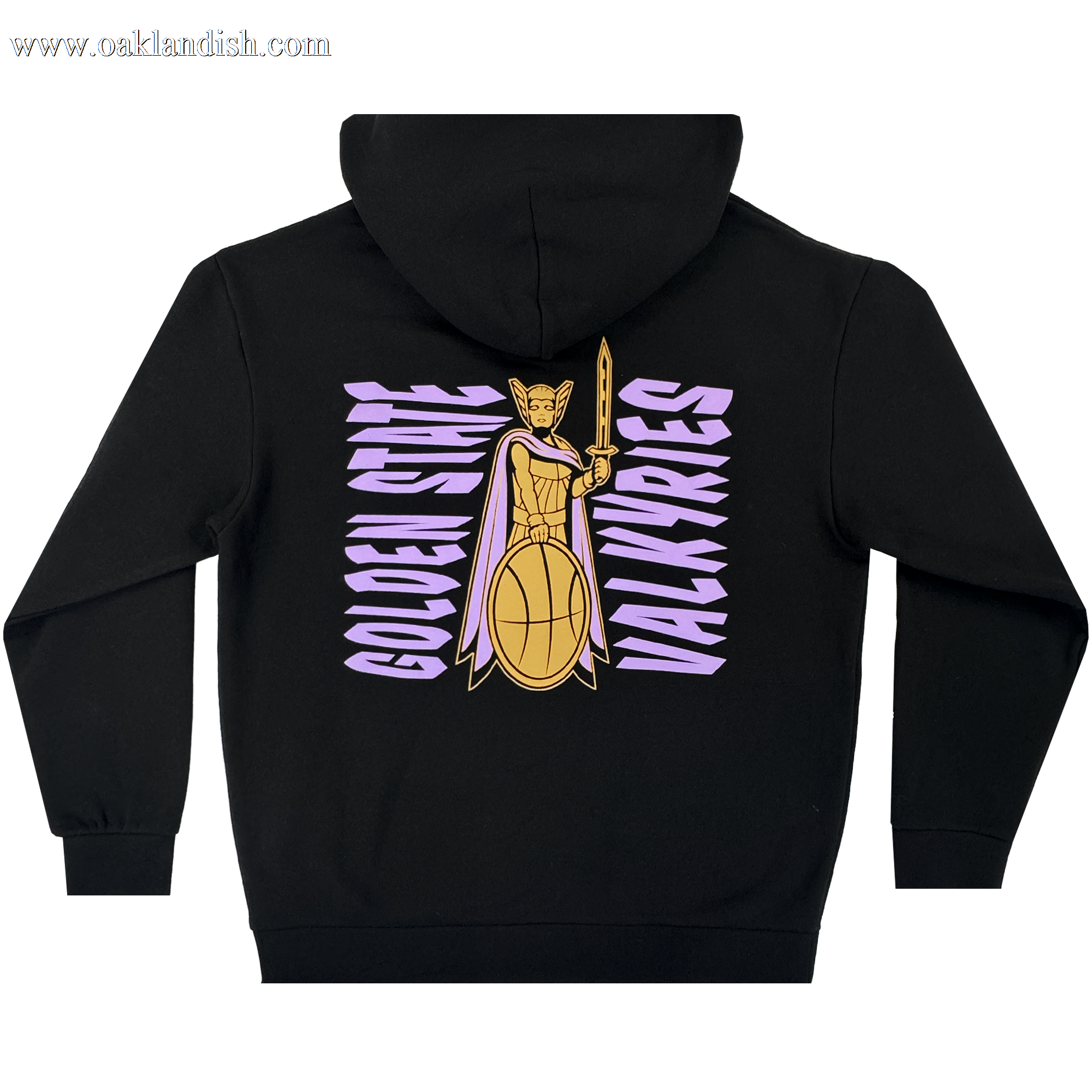 The GSV Renowned Hoodie by GSV is a black pullover with a bold gold and purple Valkyries warrior graphic holding a basketball shield. "GOLDEN STATE WARRIORS" in mirrored purple text highlights this eye-catching unisex design.