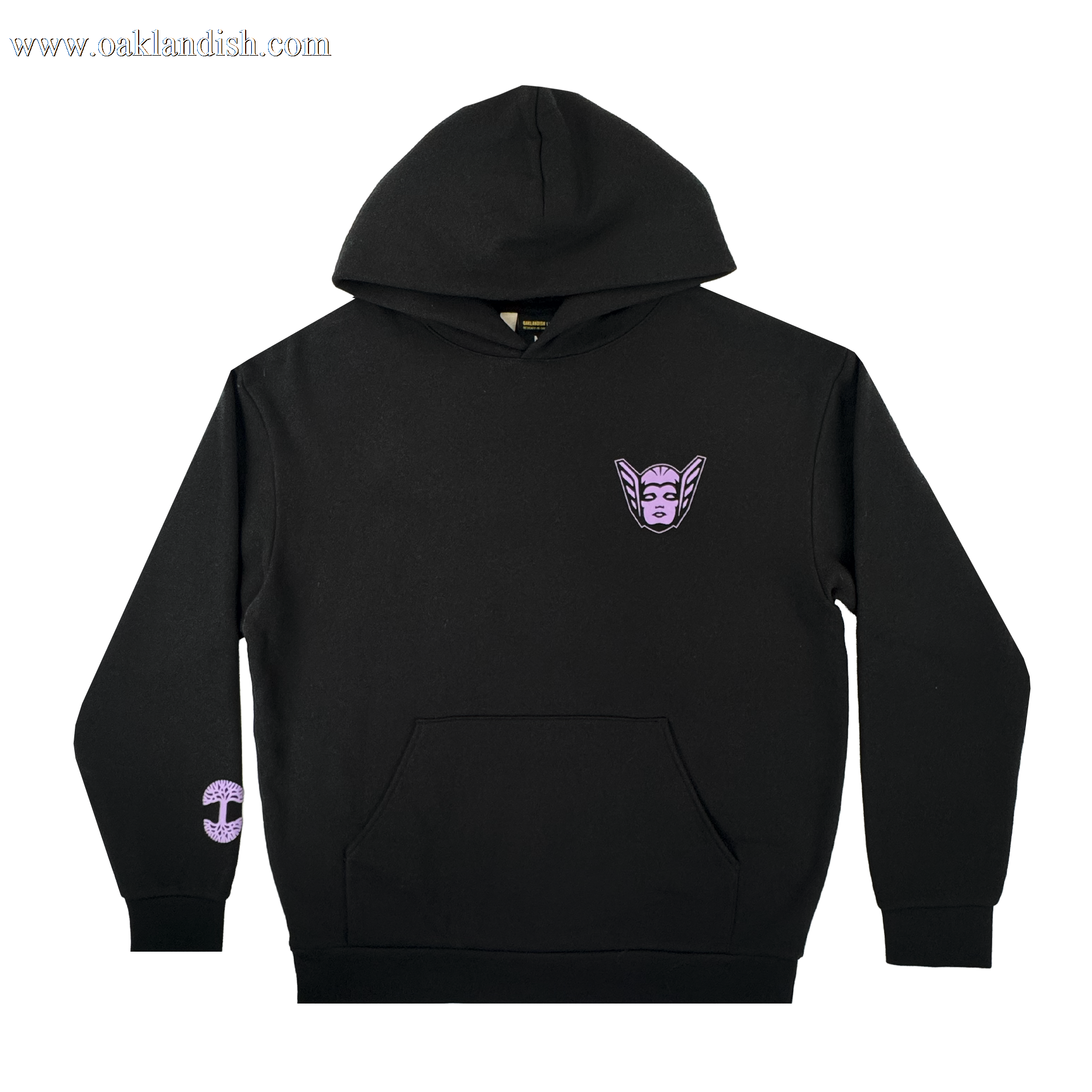 The GSV Renowned Hoodie by GSV is a black unisex pullover with a front pocket, featuring a small purple stylized face on the left chest and a round purple mark on the lower right sleeve, inspired by the Golden State Valkyries.