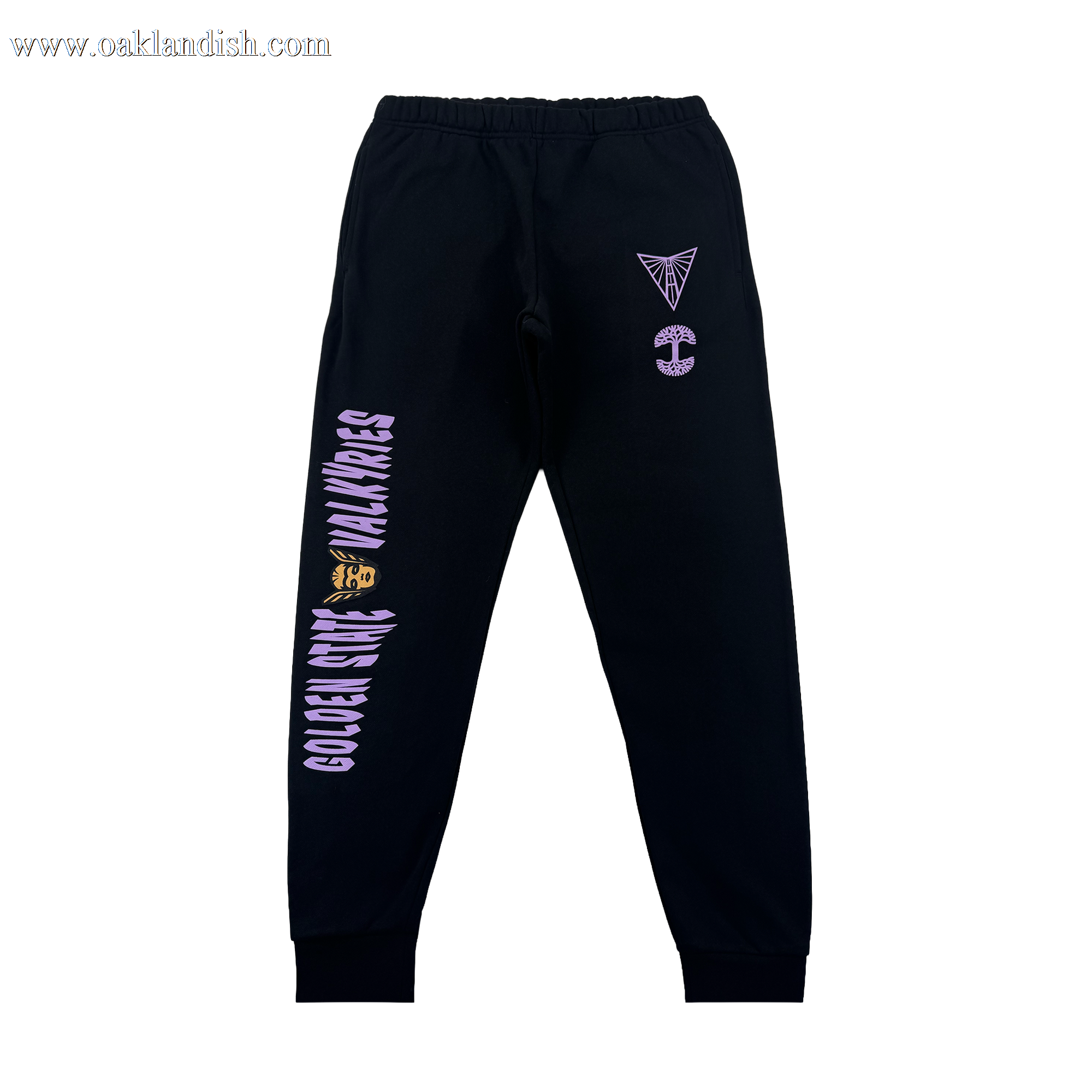 The GSV Renowned Pant by GSV is a black fleece sweatpant with cuffed ankles, purple graphics and text reading "GOLDEN STATE VALKYRIES WALL WARES," abstract symbols, and a yellow mask design on the left leg and right hip.