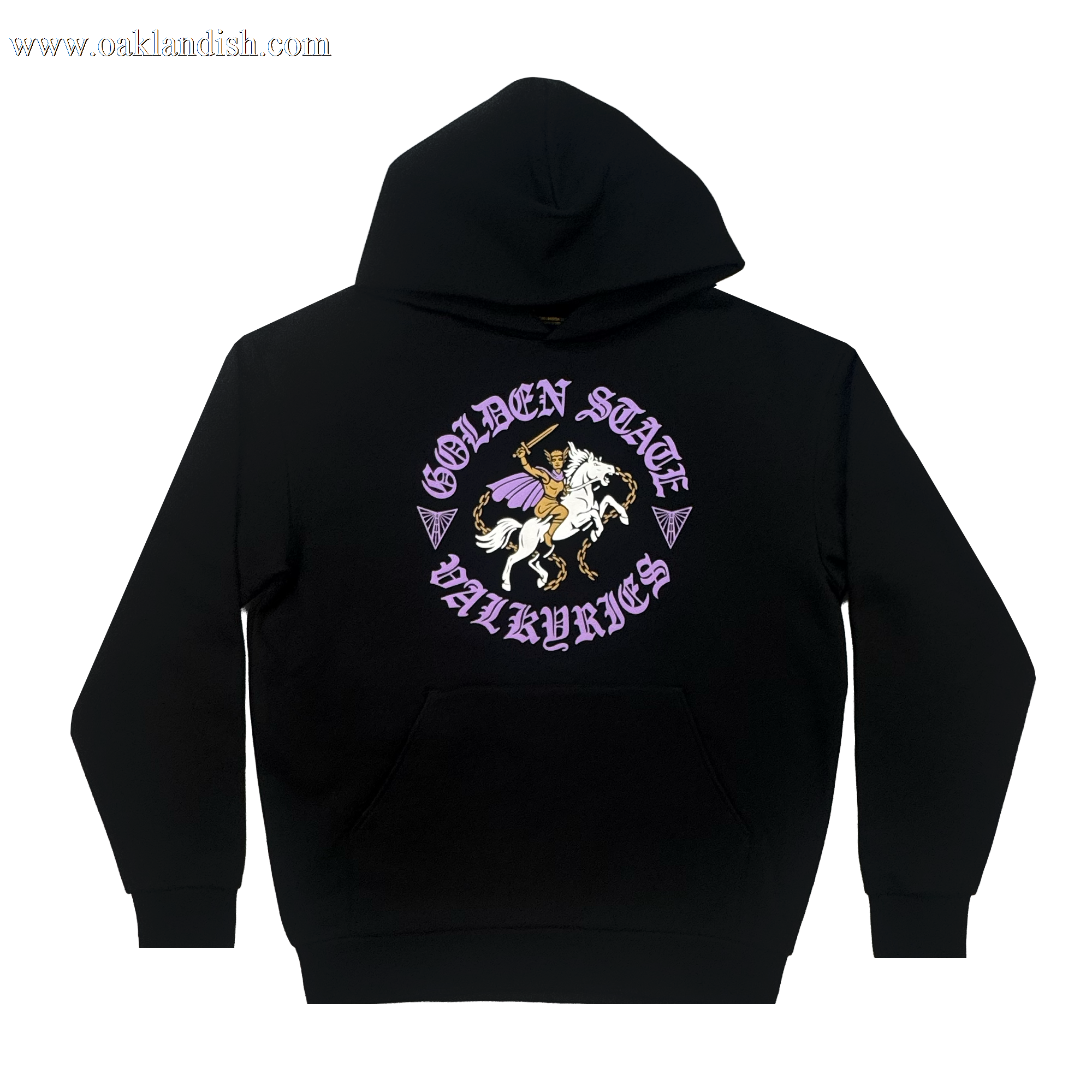 The GSV ROTV Hoodie by GSV is a unisex pullover with a central valkyrie-on-horse graphic, surrounded by bold purple "GOLDEN STATE VALKYRIES" text on a plain white background.