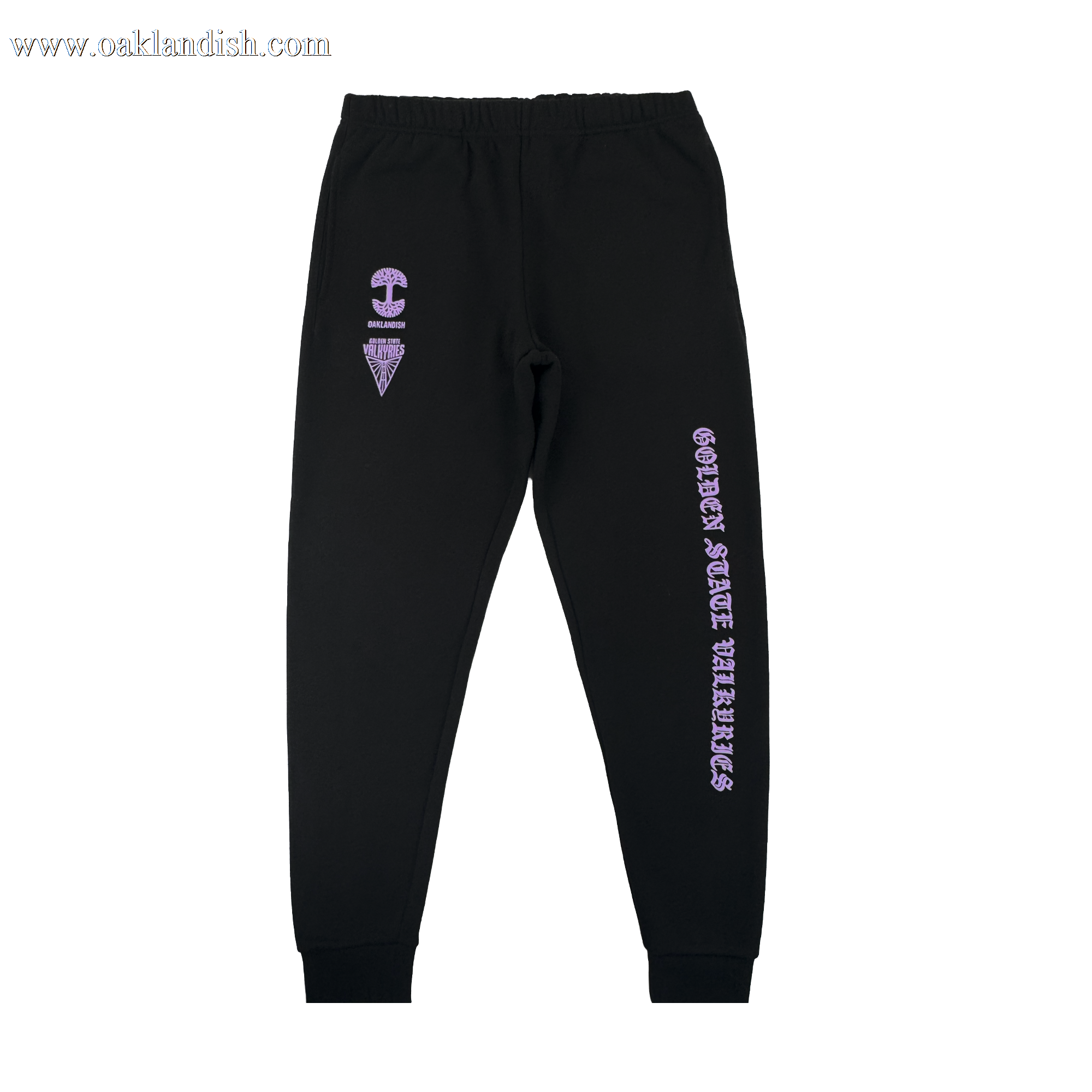 The GSV ROTV Pant by GSV features men's black sweatpants with an elastic waistband, cuffs, purple "Golden State Valkyries" text down the left leg, and purple geometric shapes—a circle and triangle—on the right thigh.
